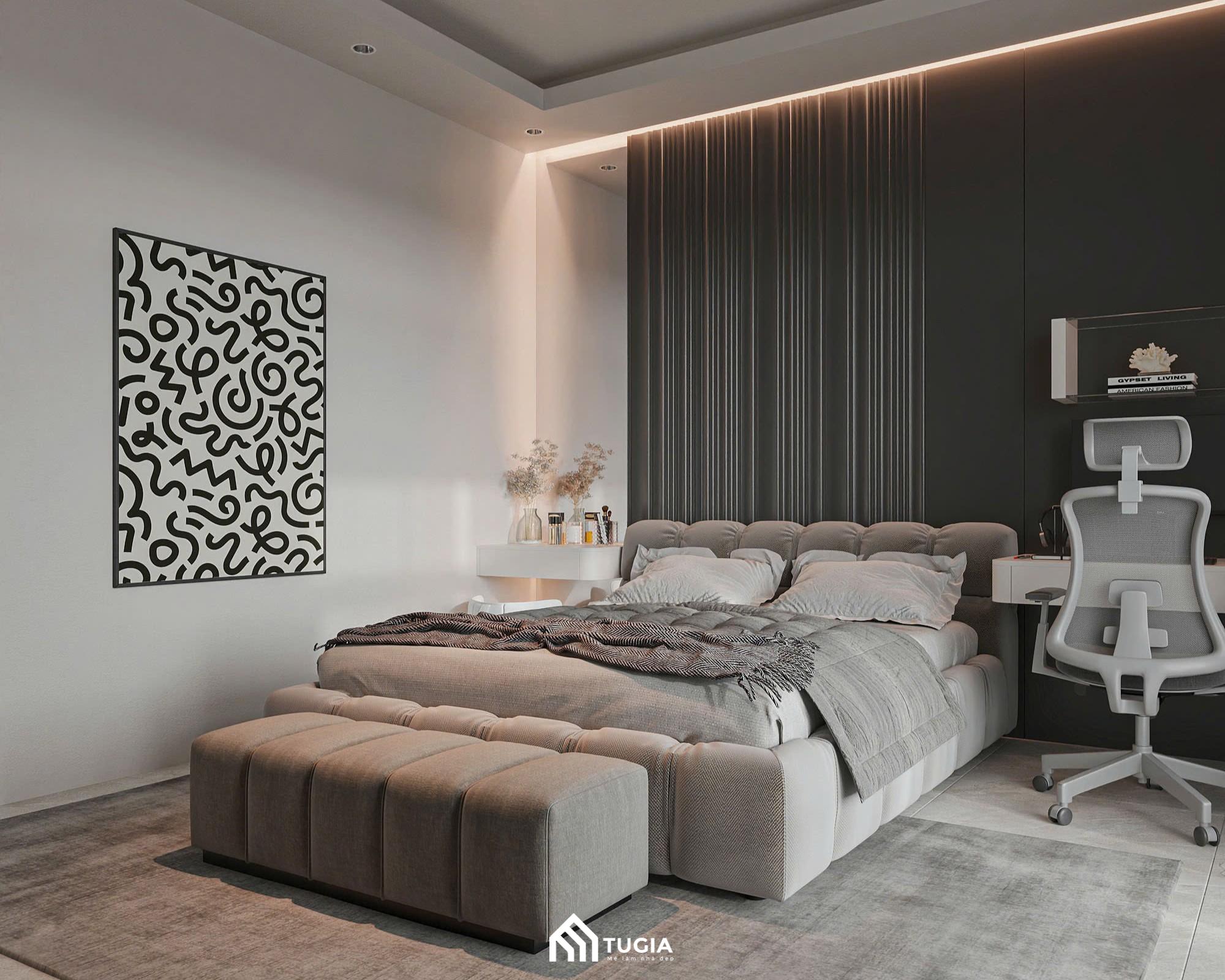 Bạn có thể tạo điểm nhấn bằng cách sử dụng màu sơn tông màu tối tạo điểm nhấn bằng những bức tranh treo tường đơn giản nhỏ gọn