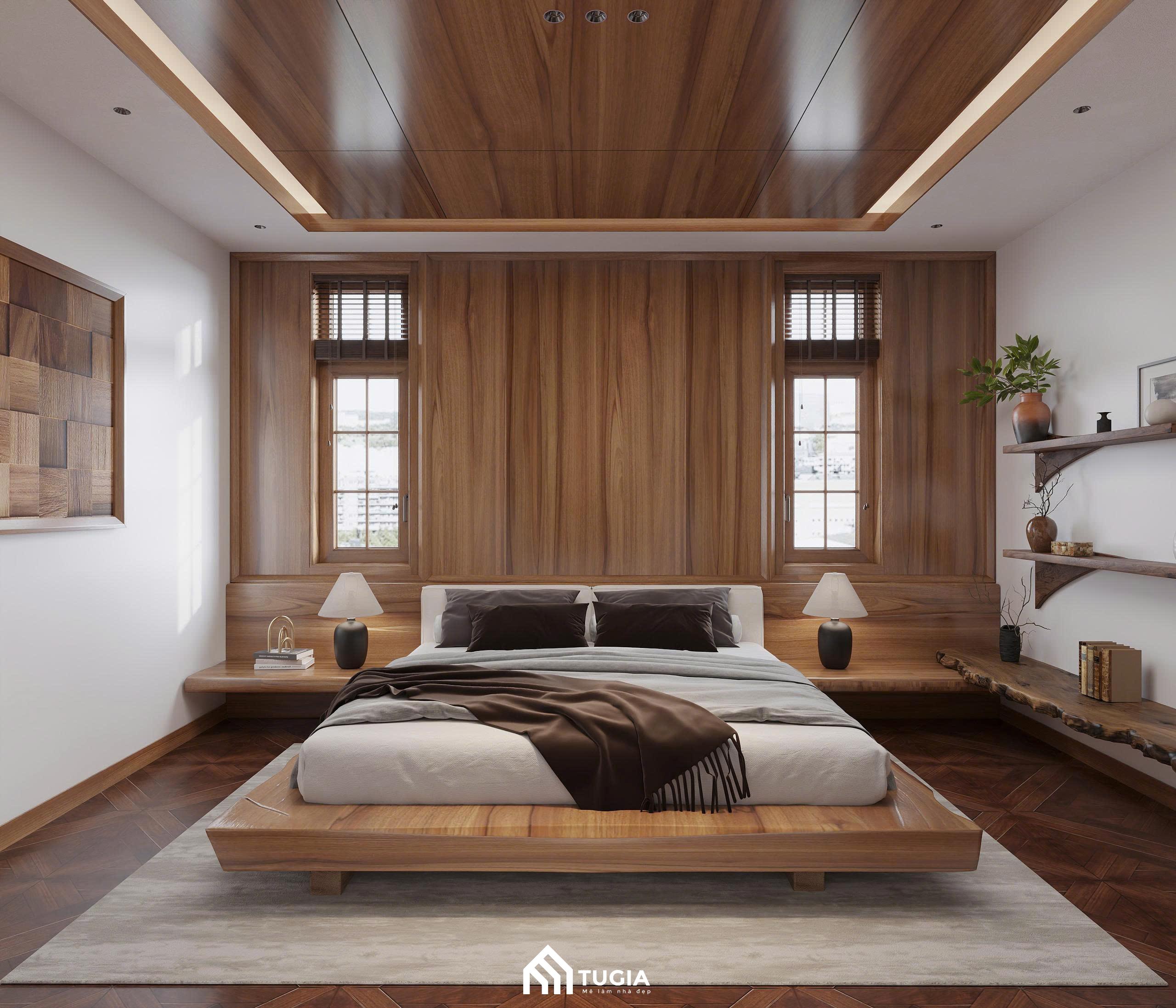 Tường đầu giường phòng ngủ gỗ tự nhiên kết hợp đèn led trang trí ấn tượng mang lại không gian ấm cúng