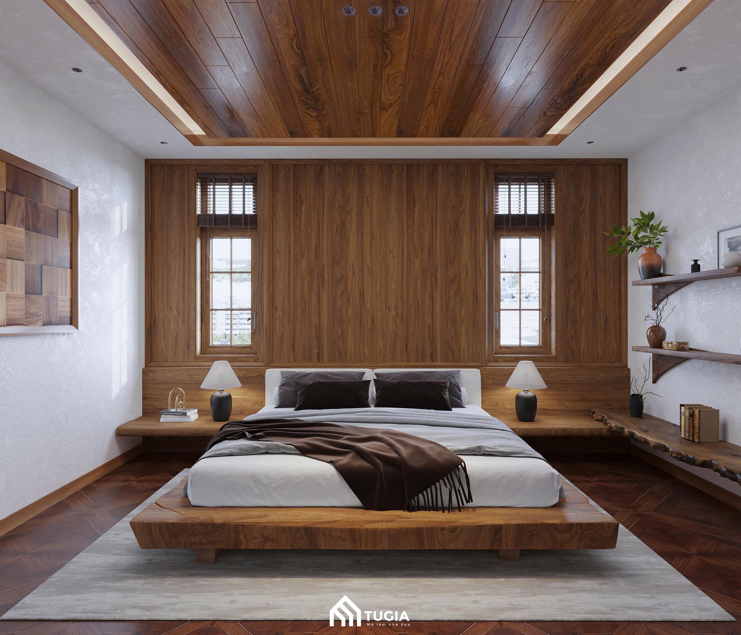 Đối với background phòng ngủ gỗ tự nhiên kết hợp đèn led trang trí ấn tượng