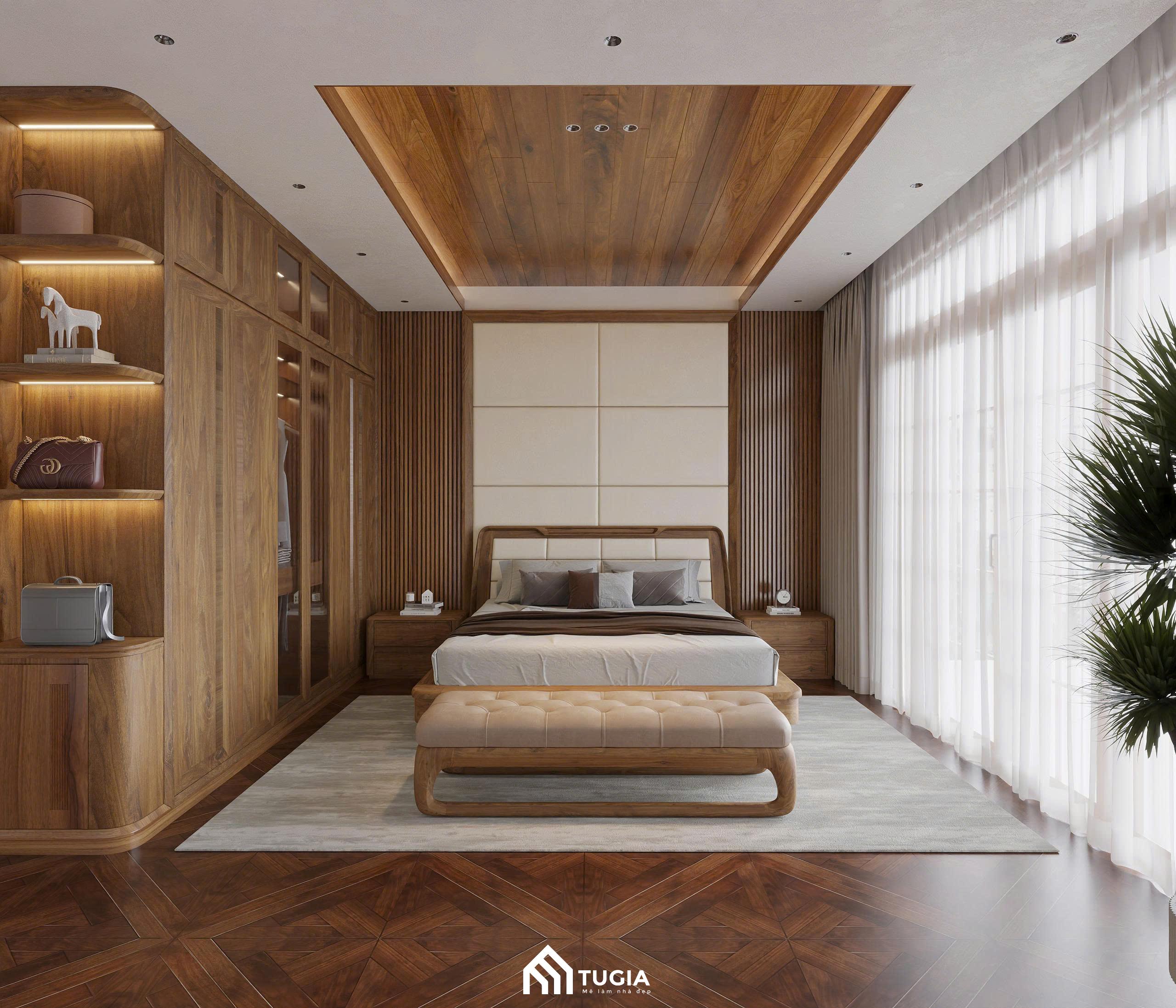 Đối với background phòng ngủ bạn có thể ứng dụng ốp tường bằng lam gỗ tự nhiên sự tinh tế giữa các đường nét vân gỗ kết hợp với tông màu nâu mềm mại
