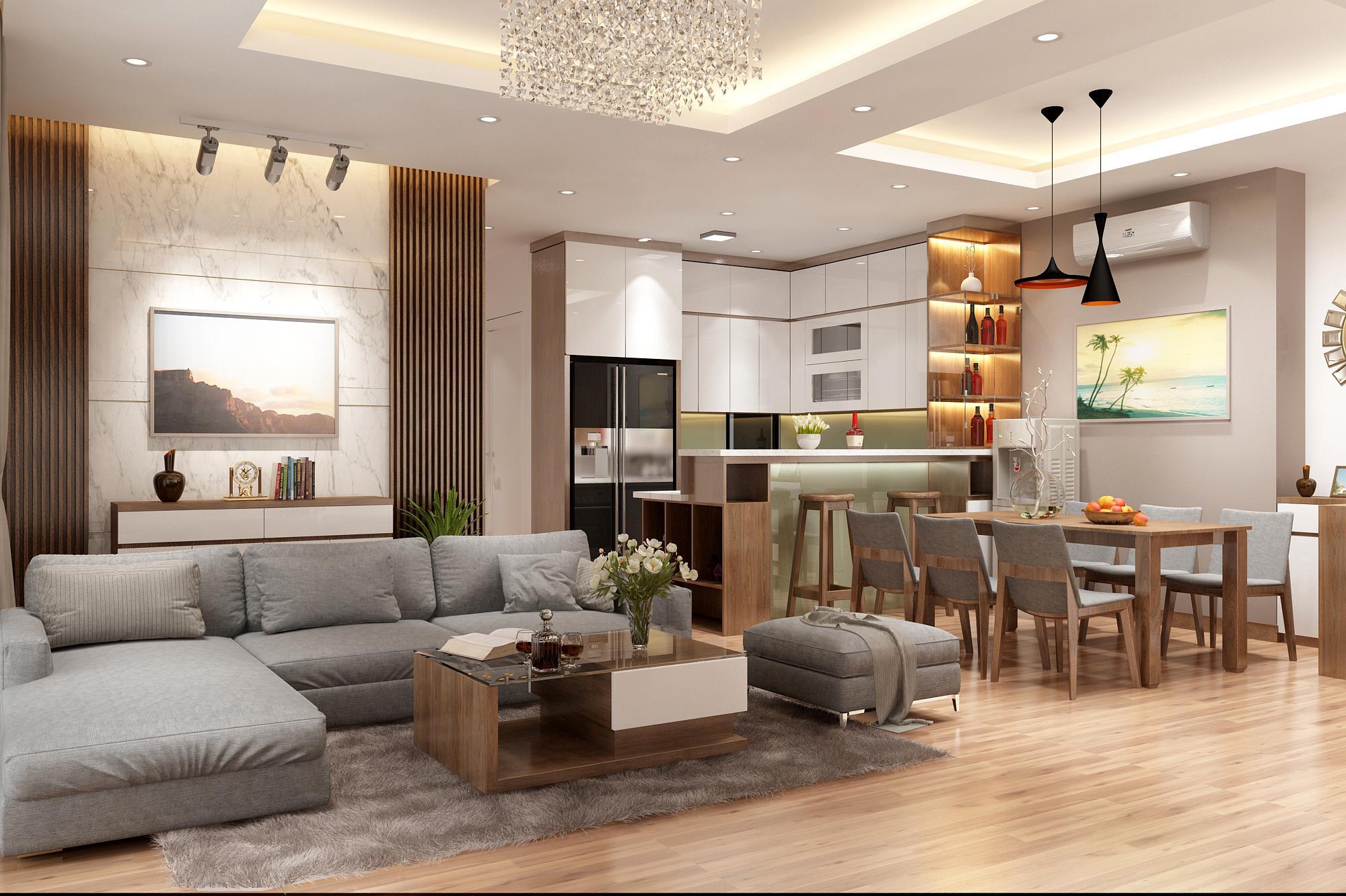Mẫu cải tạo nhà cấp 4 với việc bố trí phòng khách liền phòng bếp giúp không gian trở nên rộng rãi và thông thoáng hơn