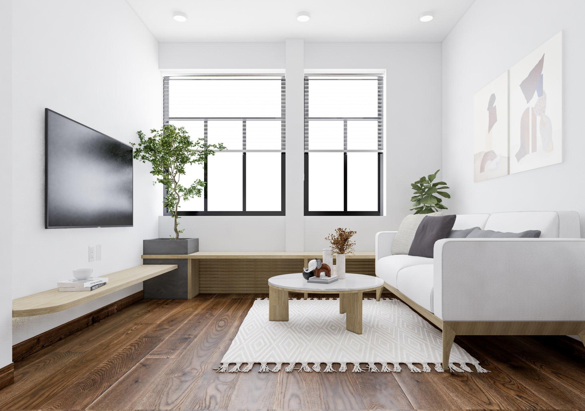 Mẫu cải tạo nhà cấp 4 tối ưu chi phí với bàn trà, kệ tivi và sofa nhỏ gọn, cân đối với không gian