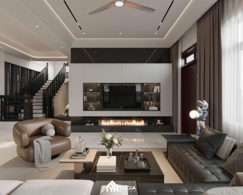 Mảng tường sau TV sử dụng ốp đá marble trắng vân xám kết hợp gỗ tối màu, vừa sang trọng vừa tạo chiều sâu cho không gian