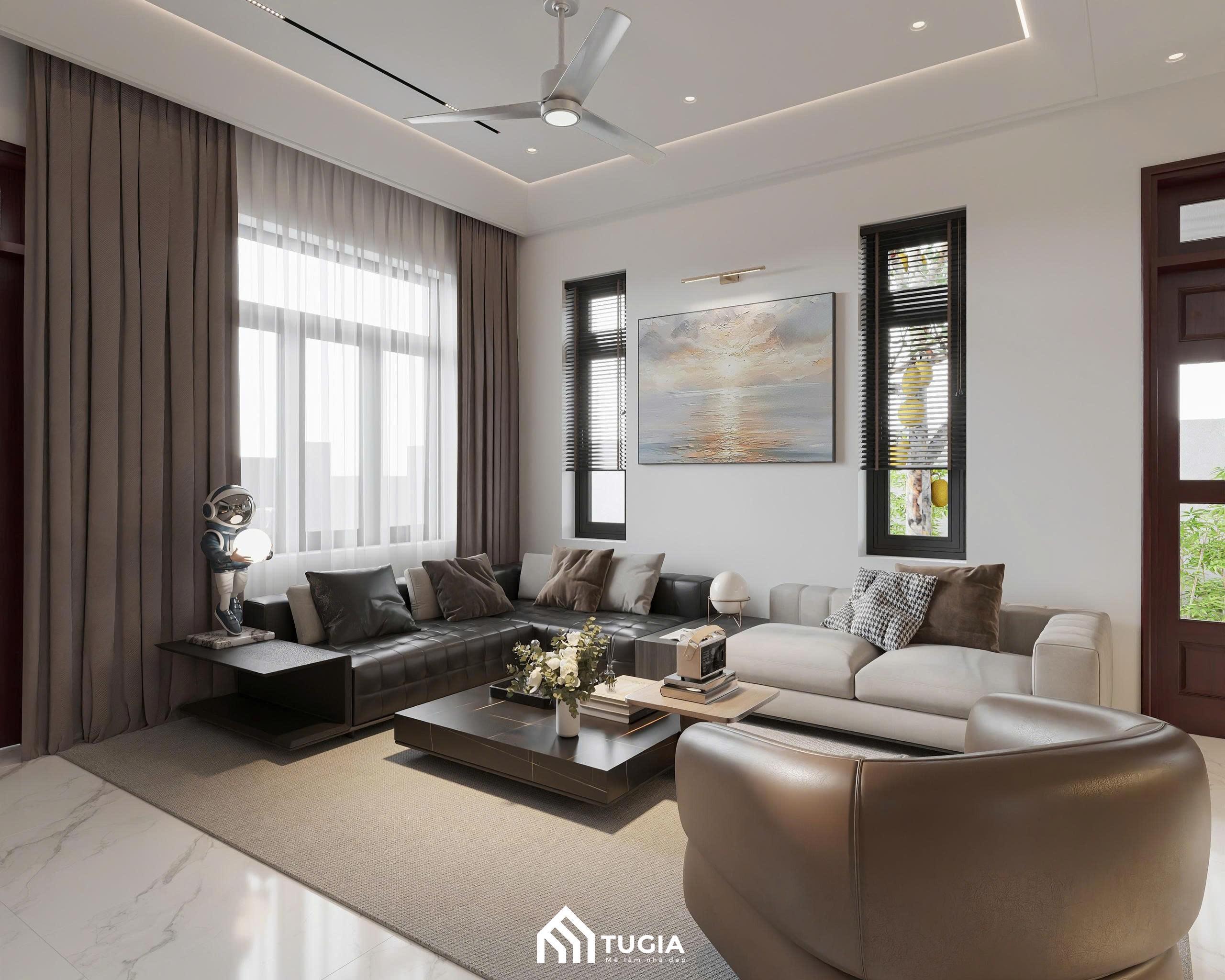 Thiết kế hiện đại với bộ sofa da nâu phối ghế đơn bo tròn, kết hợp bàn trà thấp mặt đá, tạo cảm giác êm ái và tinh tế