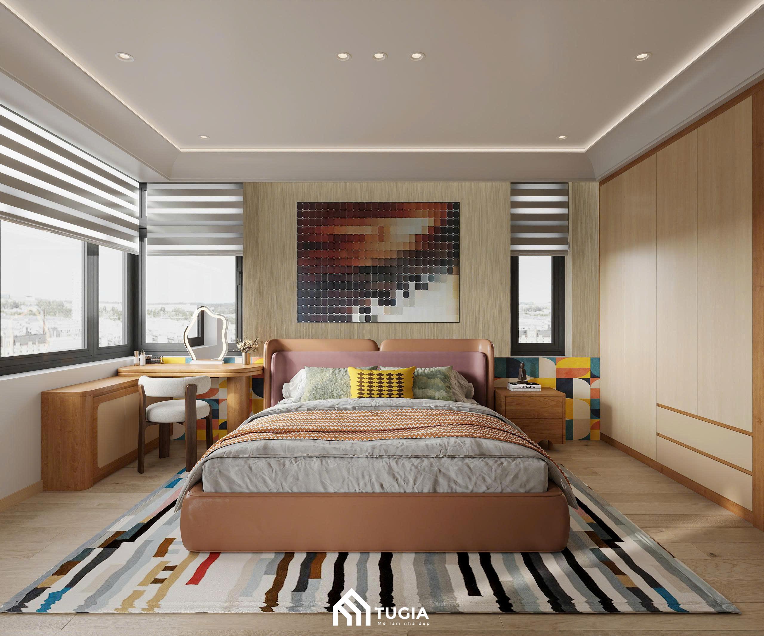 Thiết kế phòng ngủ gam màu cam đất kết hợp be nhạt, tạo nên bầu không khí thư giãn và đầy cảm xúc