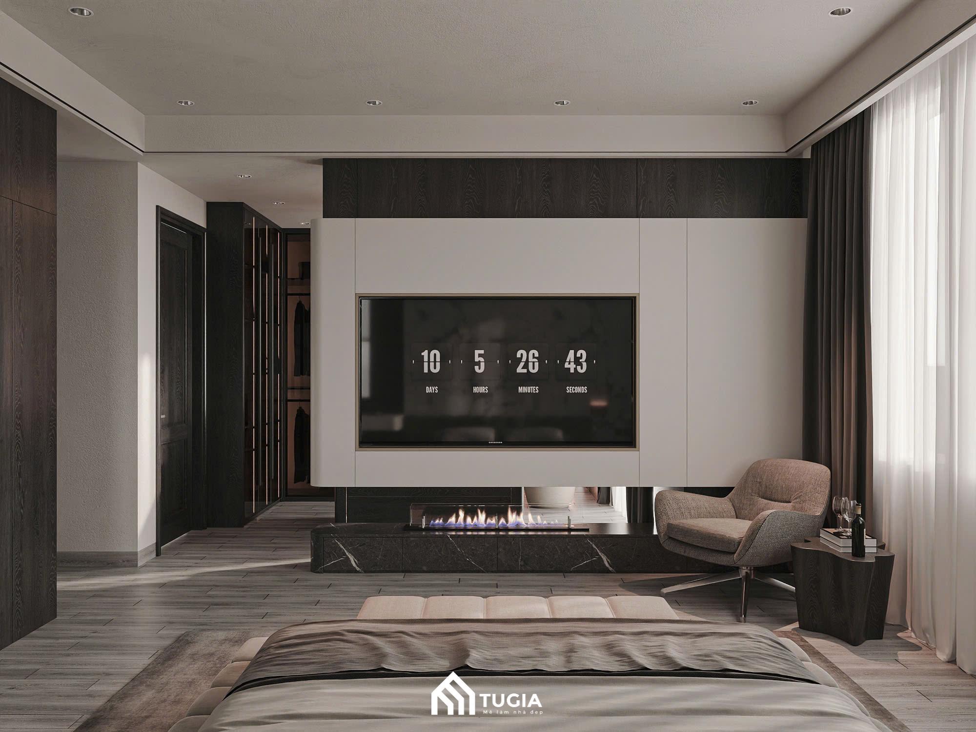 Hệ vách ngăn kết hợp tủ quần áo tiện lợi được bố trí hệ tivi giải trí và lò sưởi hiện đại