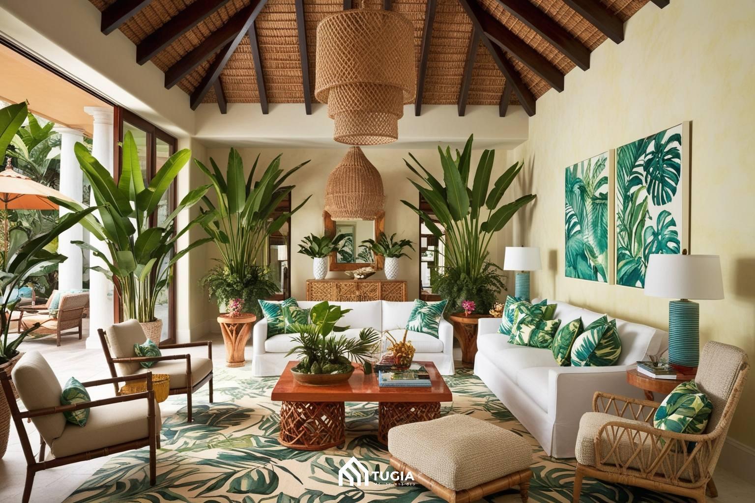 Phong cách Tropical ưu tiên sử dụng vật liệu có nguồn gốc tự nhiên như tơ lụa, liễu gai,...
