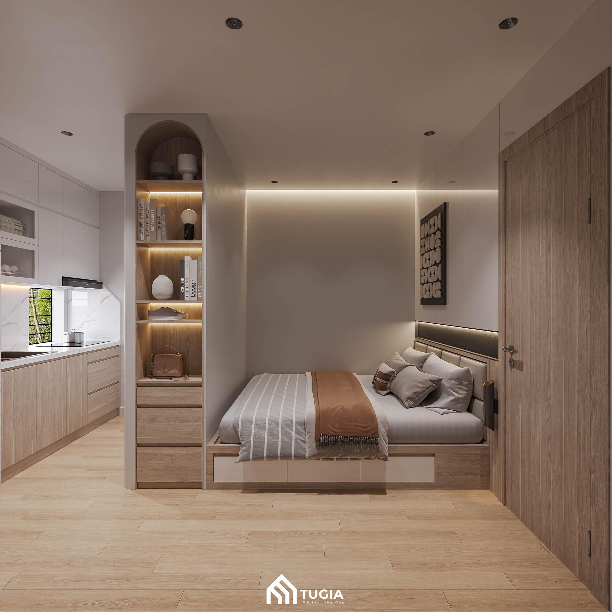 Không gian phòng ngủ chung cư mini thường được thiết kế liền thông với phòng khách để giúp không gian rộng rãi hơn