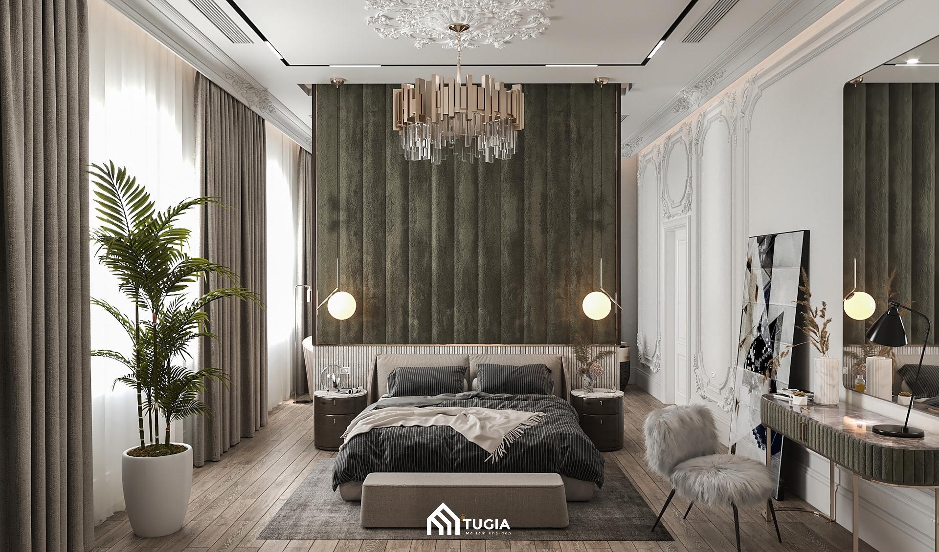 Mẫu phòng ngủ master tân cổ điển nổi bật với tông màu xanh Olive