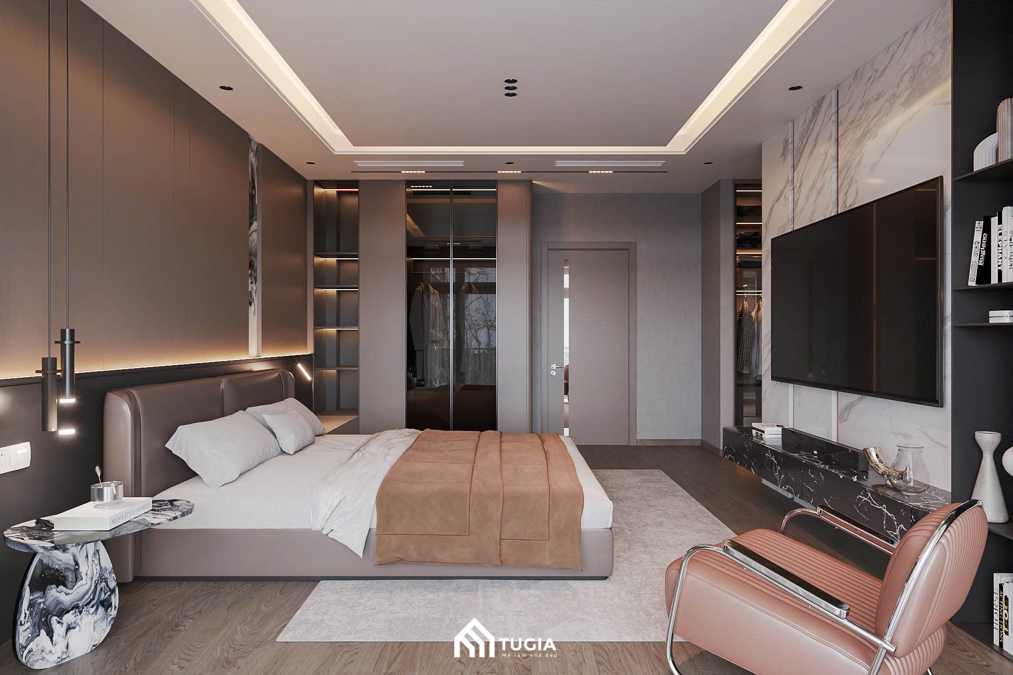 Nội thất Tứ Gia thiết kế phòng ngủ master 50m2 với đầy đủ tiện tích từ phòng thay đồ đến phòng tắm Luxury