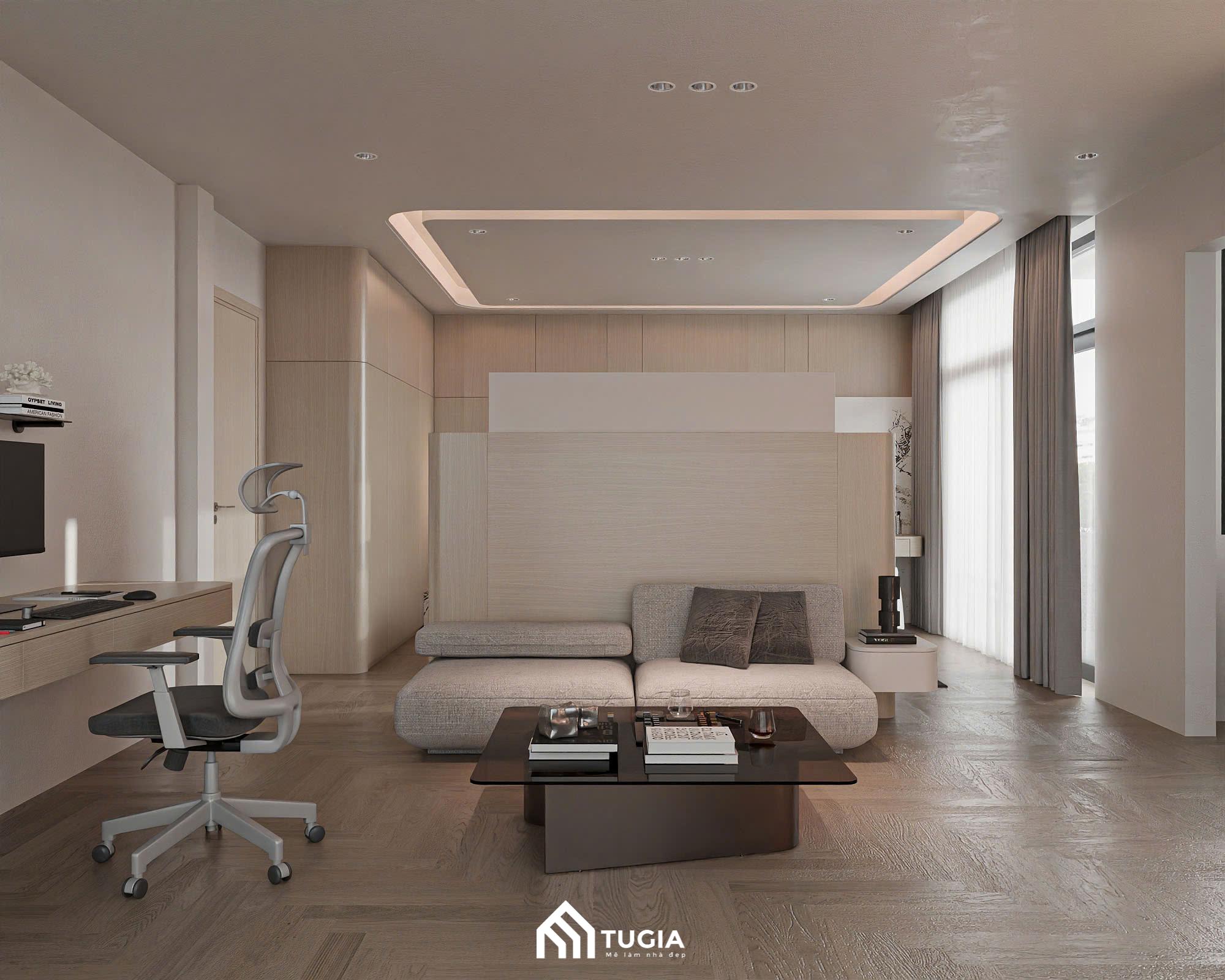 Phòng ngủ master của anh Luật được tích hợp khu vực làm việc và tiếp khách nhỏ