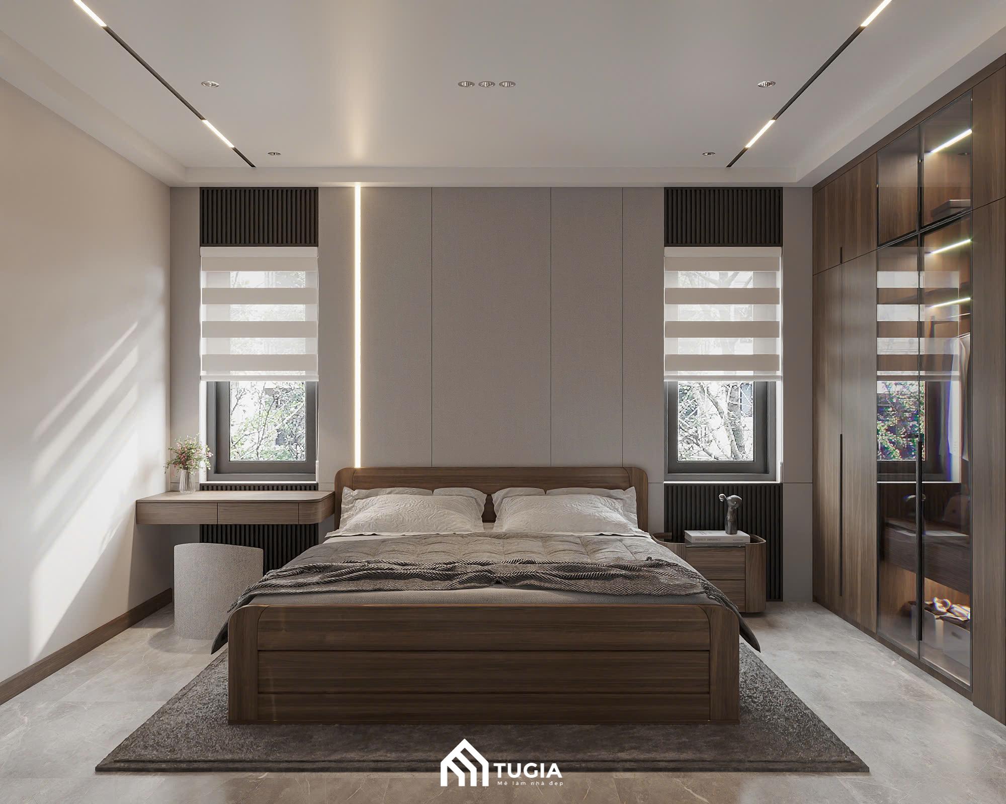 Nội thất Tứ Gia trang trí phòng ngủ vợ chồng nhỏ với nội thất bằng gỗ công nghiệp hiện đại