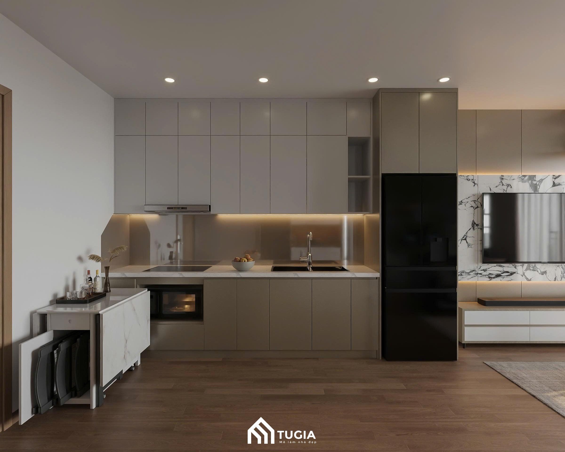 Mẫu thiết kế bếp chung cư với tủ bếp 2 tầng kịch trần vừa đảm bảo tính thẩm mỹ vừa tăng diện tích sử dụng