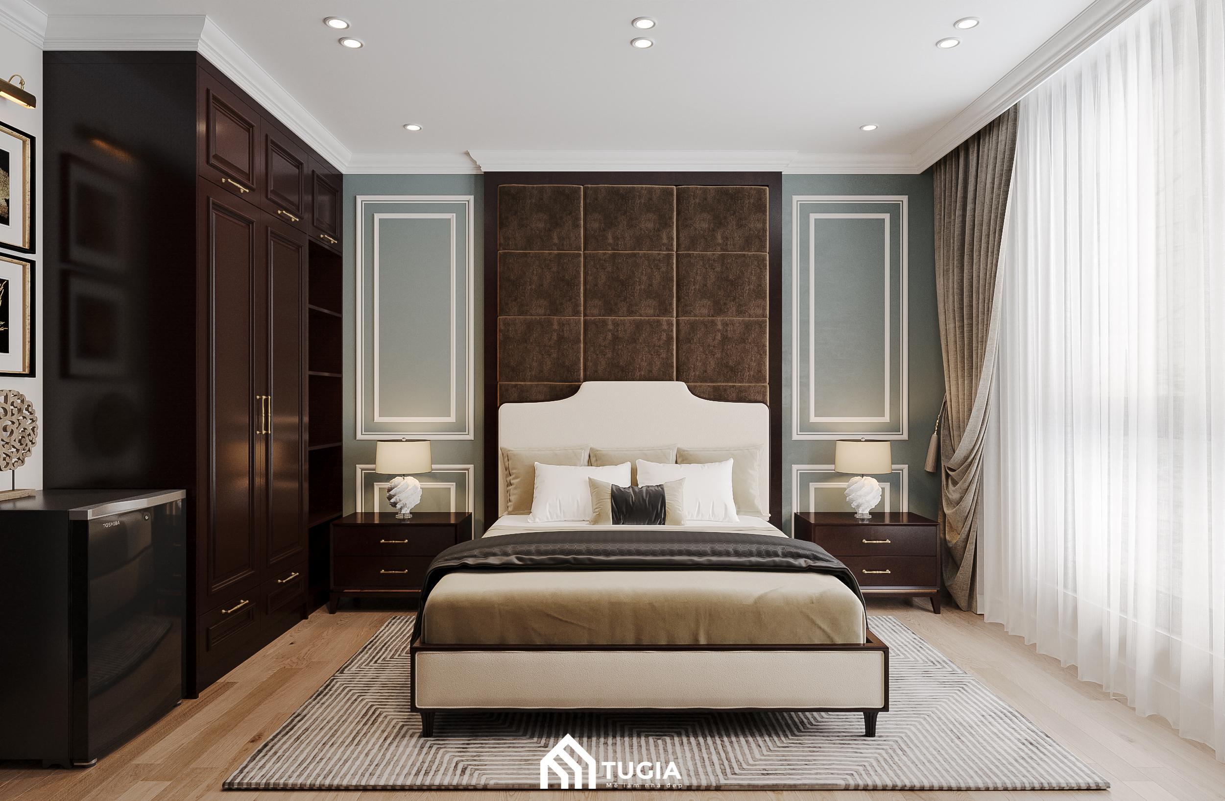 Phòng ngủ tân cổ điển với hệ tủ MDF cao kịch trần