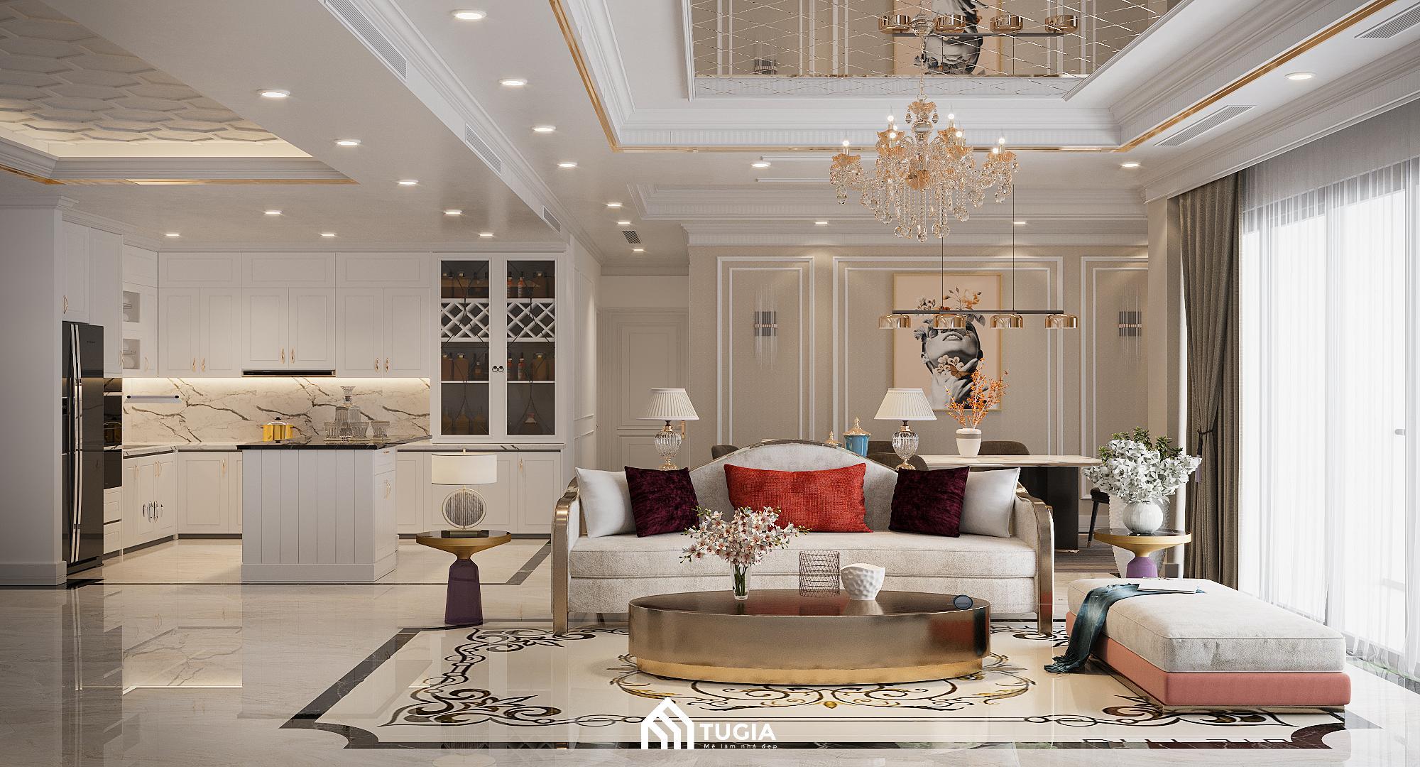 Phòng khách biệt thự tân cổ điển tông ấm, chi tiết giản lược