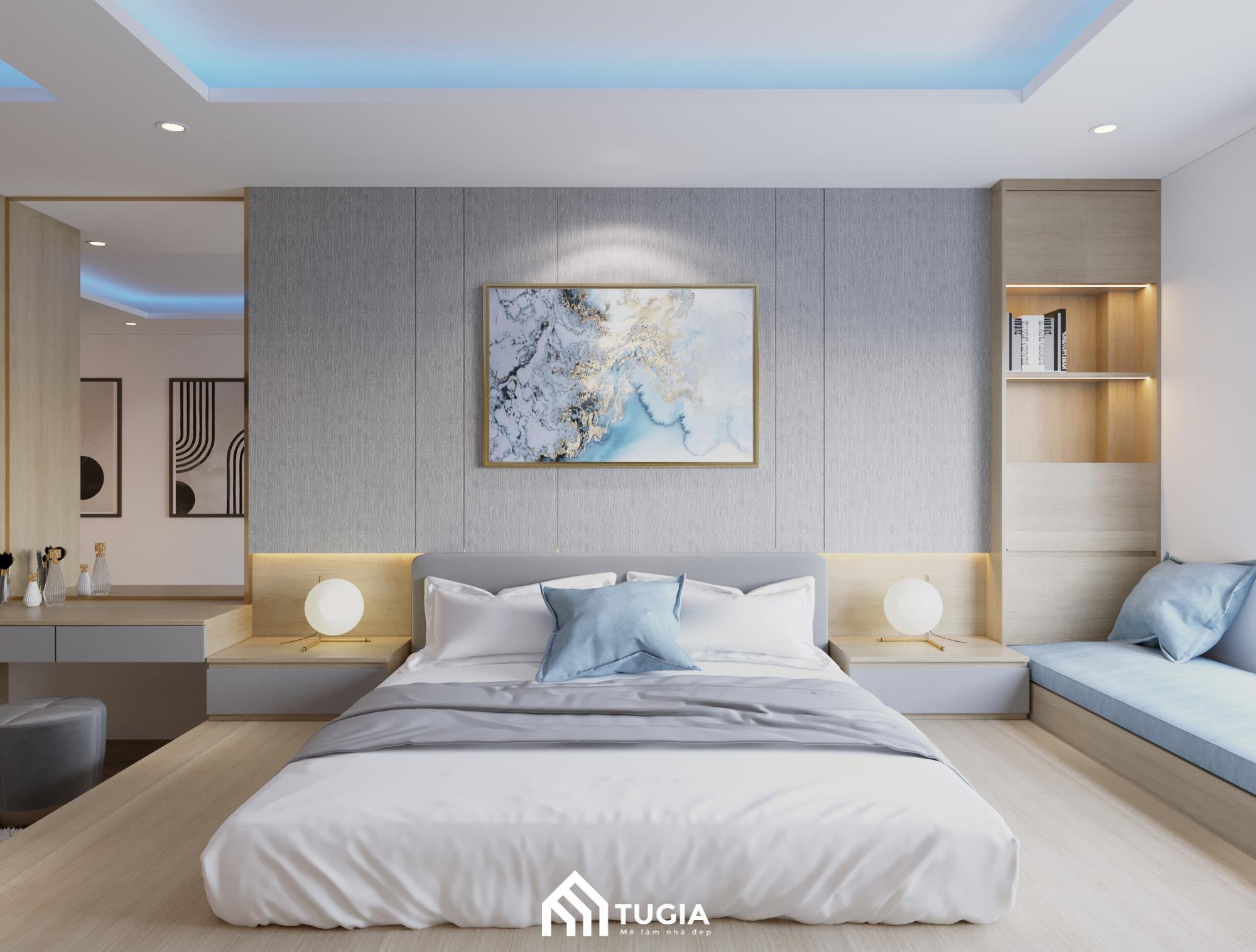 Đèn ngủ đối xứng hai bên đầu giường trong phòng ngủ biệt thự
