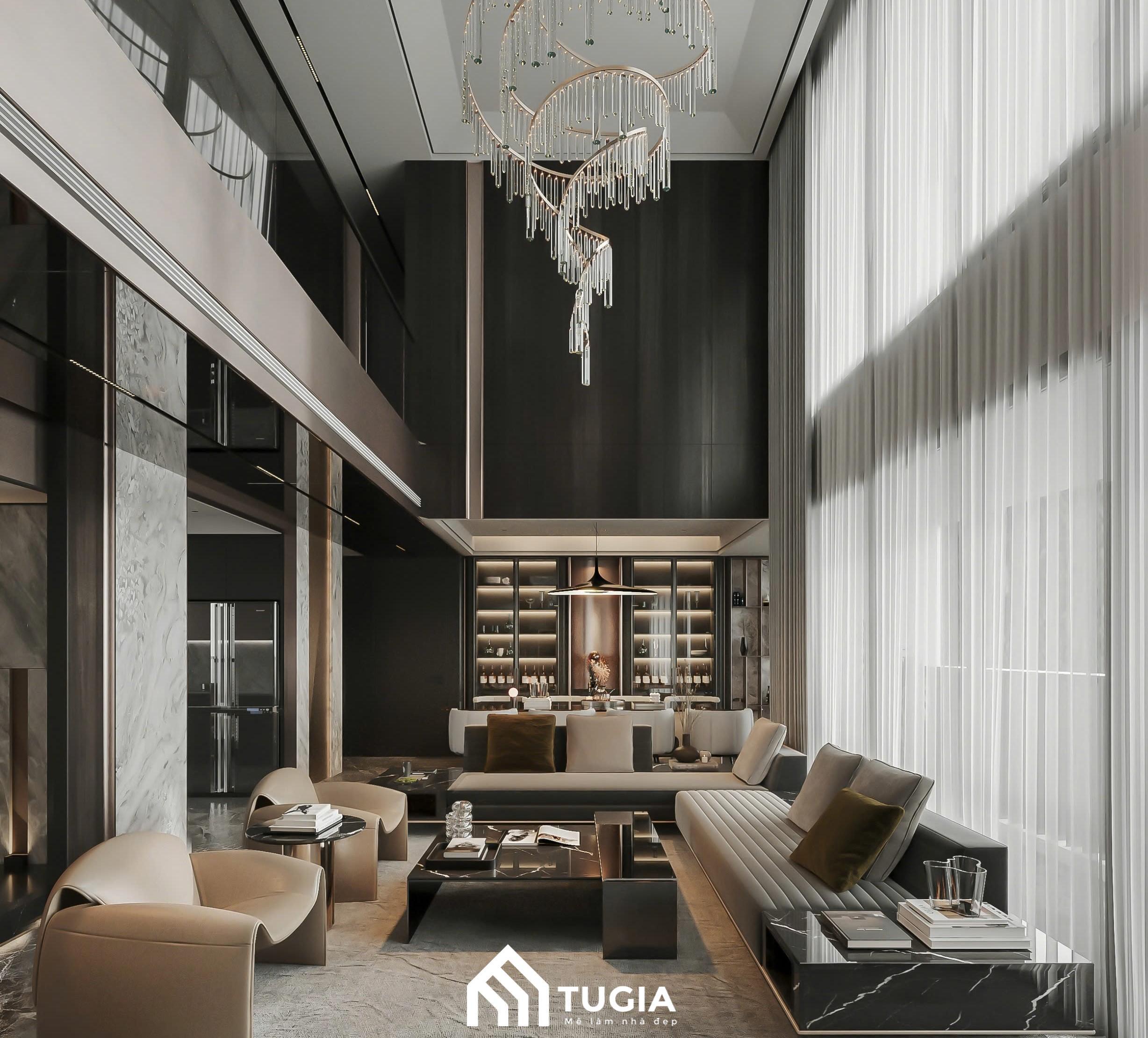 Đèn chùm làm điểm nhấn phòng khách biệt thự Luxury