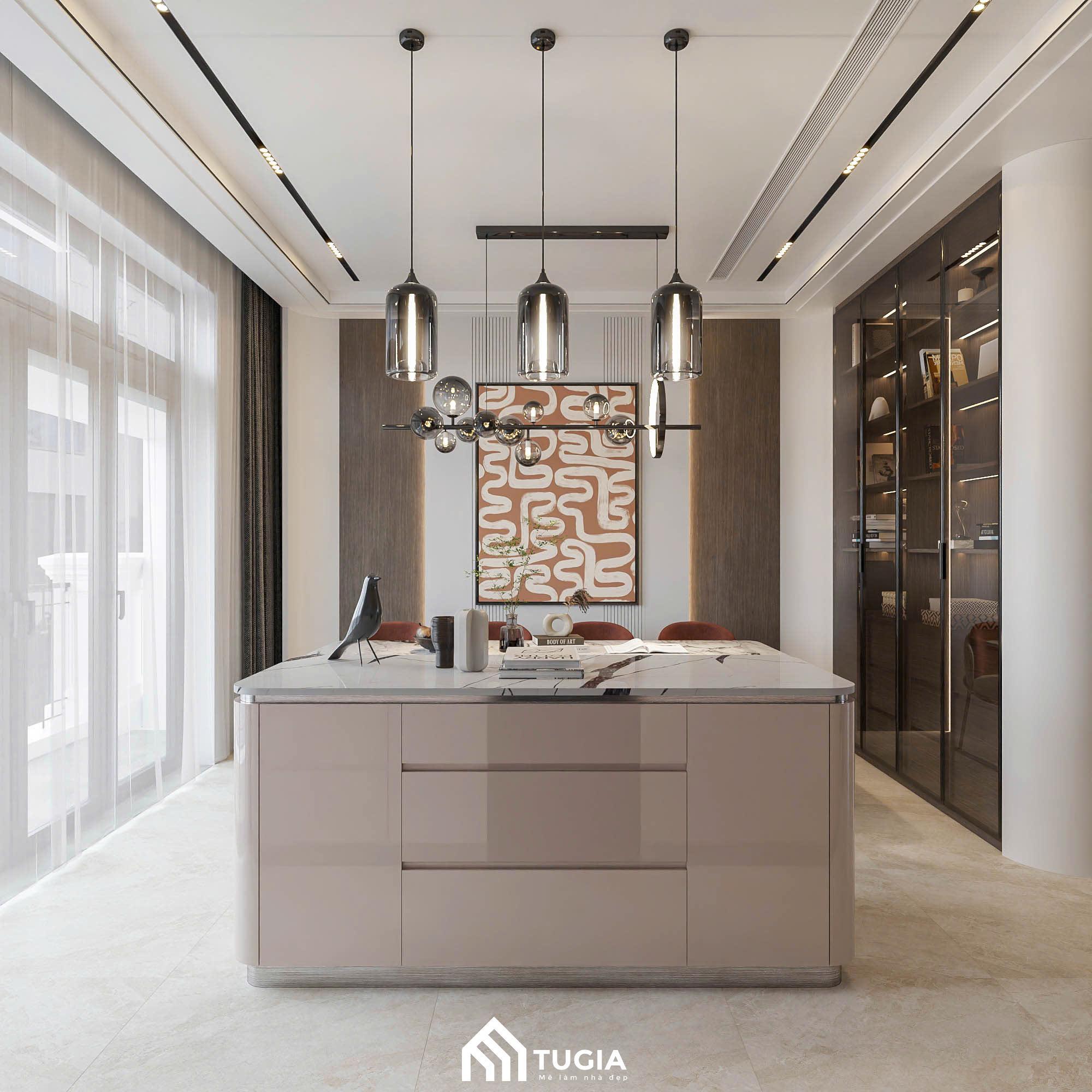 Bàn đảo bếp gỗ công nghiệp phủ acrylic kết hợp đá tự nhiên