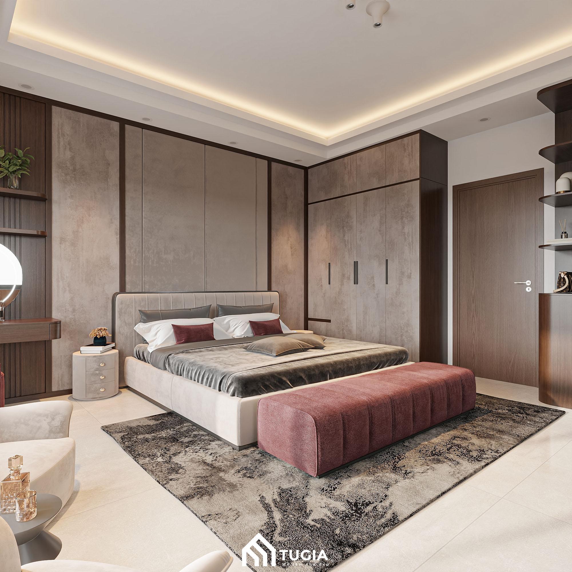 Giường ngủ với tab đầu giường bọc nỉ