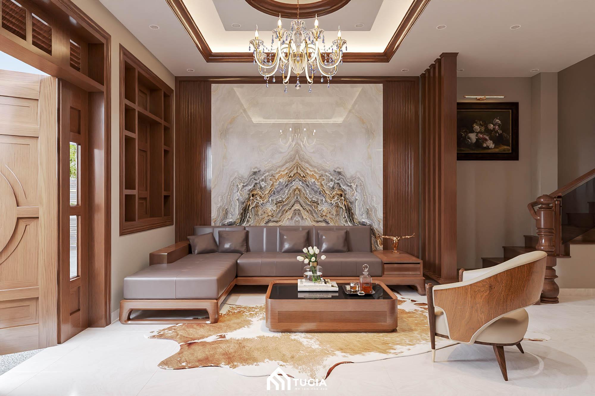 Sofa chữ L bọc da nâu sẫm trong phòng khách