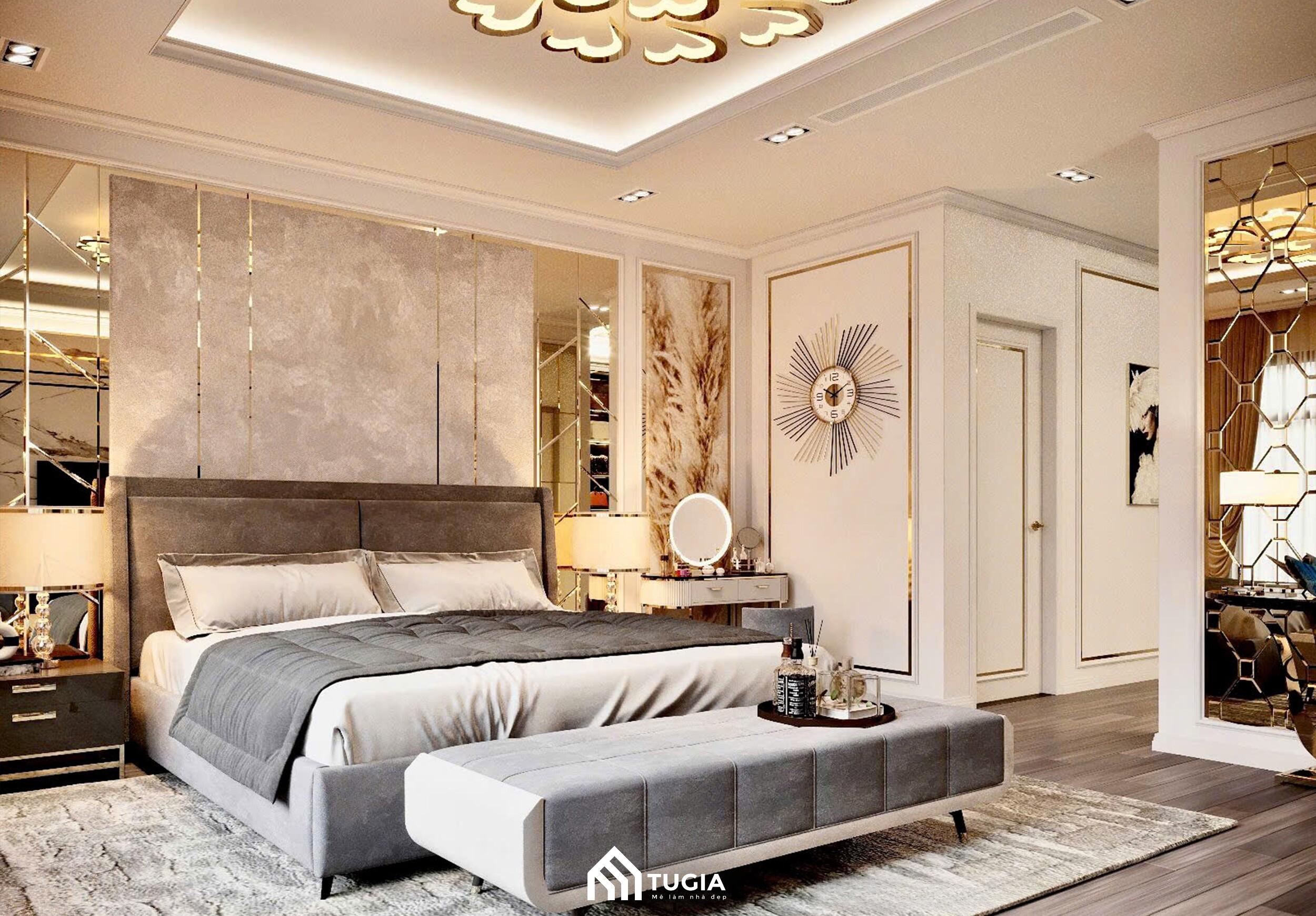 Phòng ngủ Luxury với tông trung tính cùng hệ thông chiếu sáng hiện đại