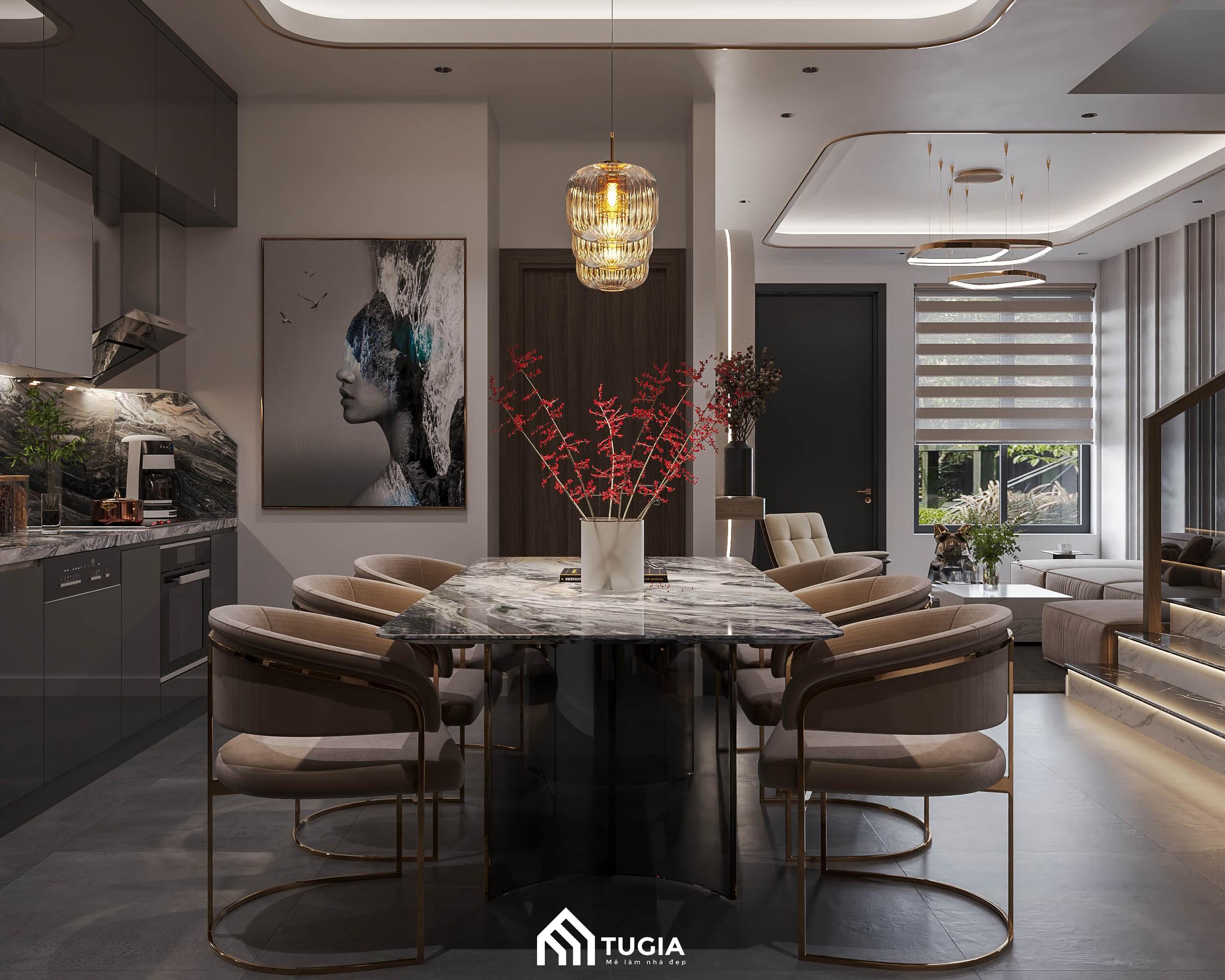 Thiết kế nội thất phòng bếp biệt thự liền kề cần đảm bảo hài hòa với không gian phòng khách