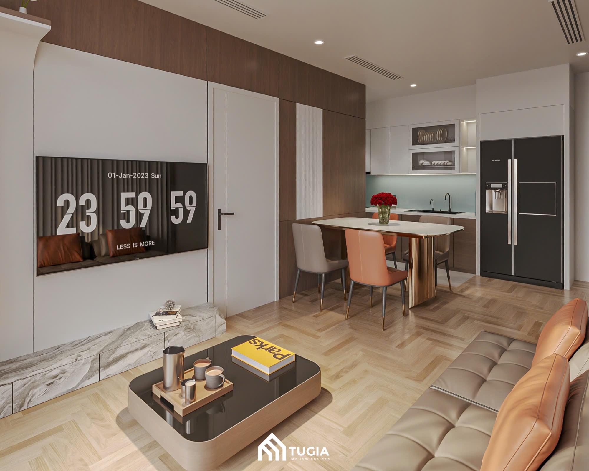 Mẫu thiết kế nội thất căn hộ 65m2 2 phòng ngủ không gian mở của Nội thất Tứ Gia