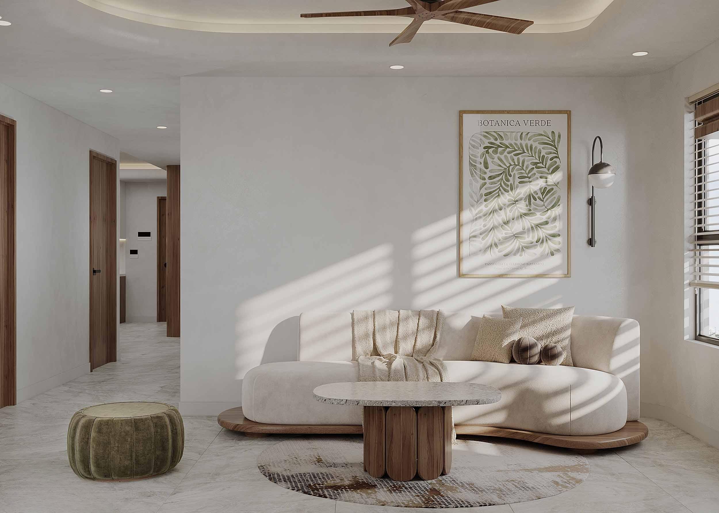 Không gian phòng khách được bố trí tối giản với bộ sofa chữ I kết hợp bàn trà nhỏ gọn