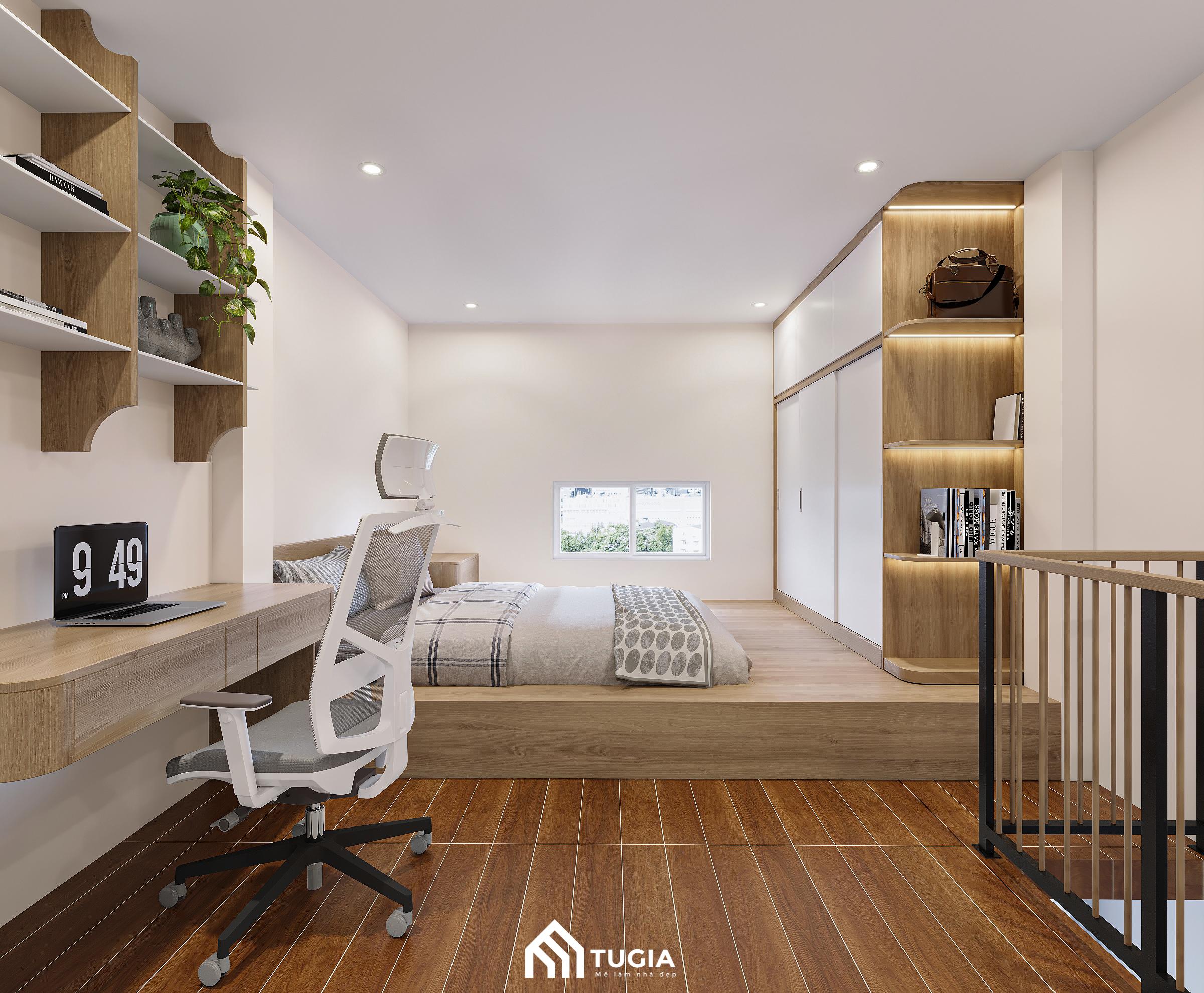 Khu vực gác lửng được bố trí giường ngủ kèm góc học tập và làm việc nhỏ