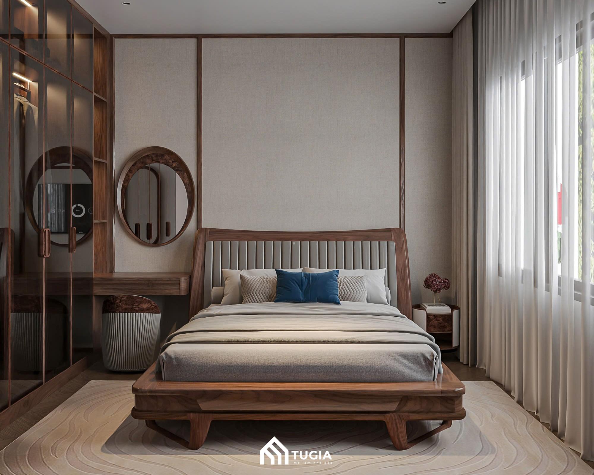 Thiết kế phòng ngủ phụ cho căn biệt thự sân vườn với nội thất bằng gỗ tự nhiên sang trọng