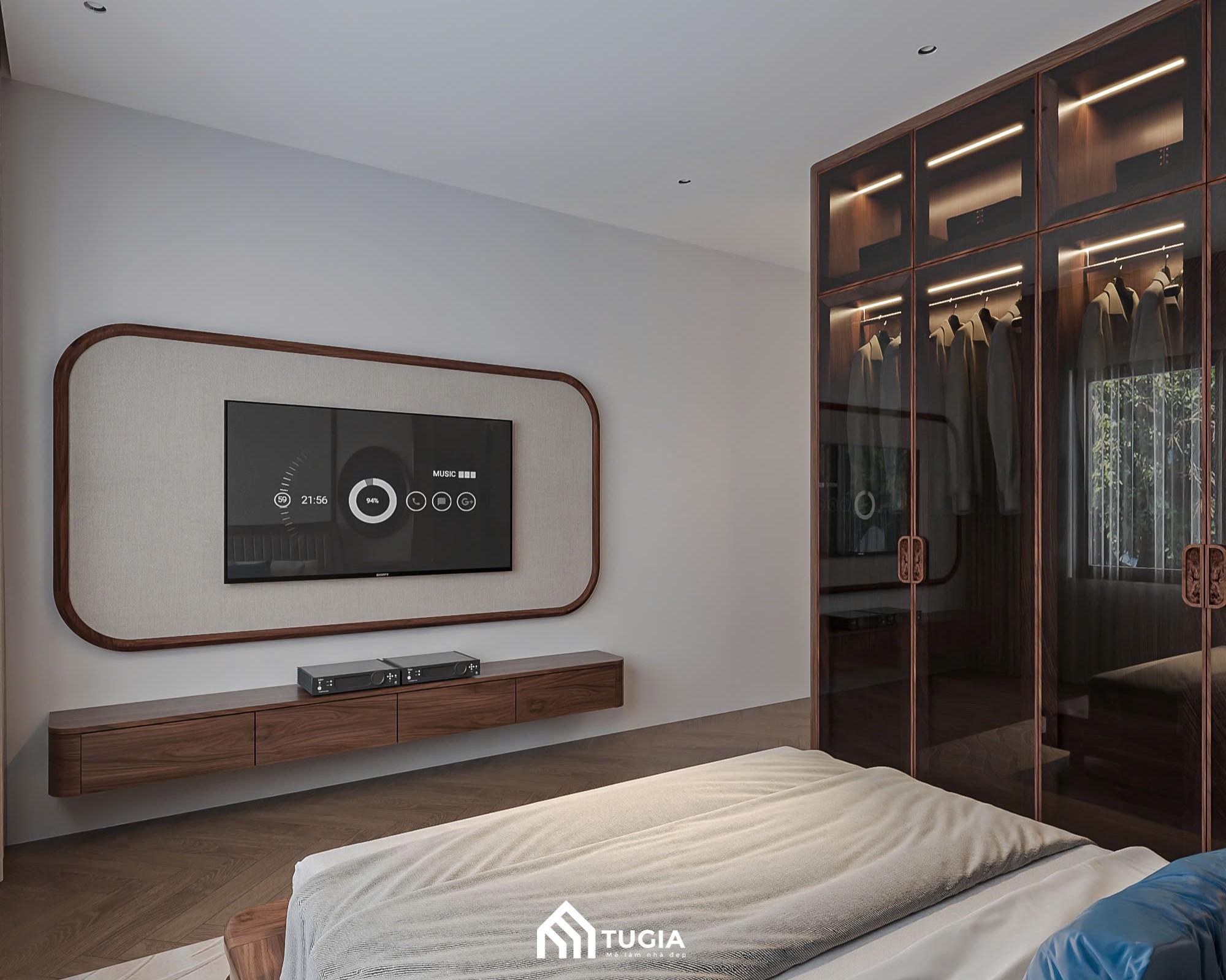 Các chất liệu bằng gỗ tự nhiên được ứng dụng xuyên suốt trong không gian phòng ngủ biệt thự