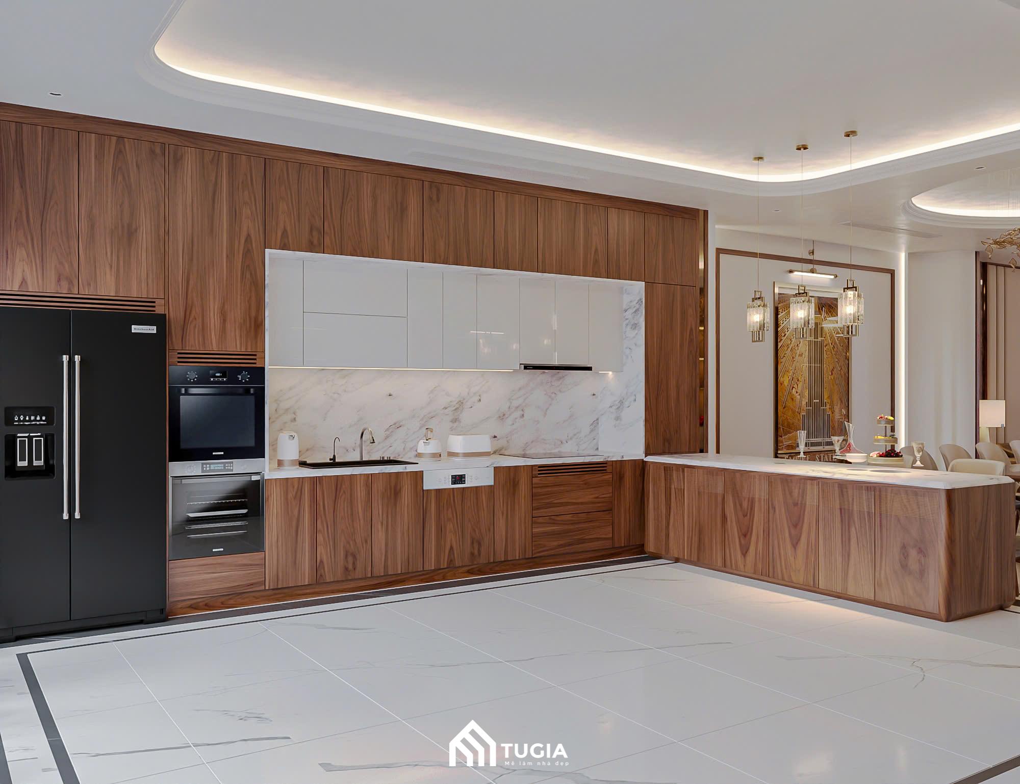 Phòng bếp được thiết kế với đầy đủ công năng từ lưu trữ, chuẩn bị, nấu nướng đến khu vực ăn sáng nhanh