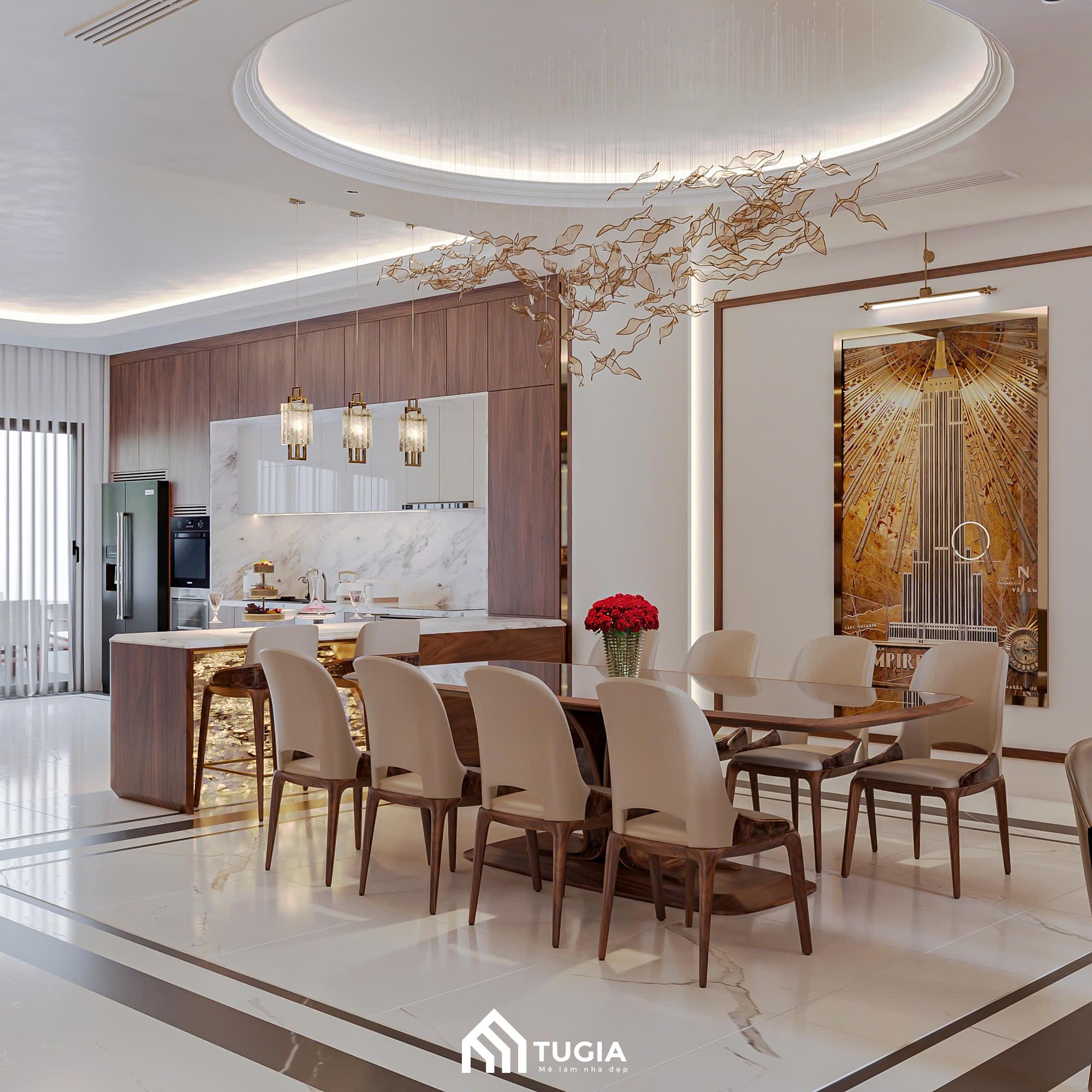 Trần được làm giật cấp hình tròn lớn, có đèn hắt bao quanh, giúp khuếch tán ánh sáng và làm nổi bật đèn chùm