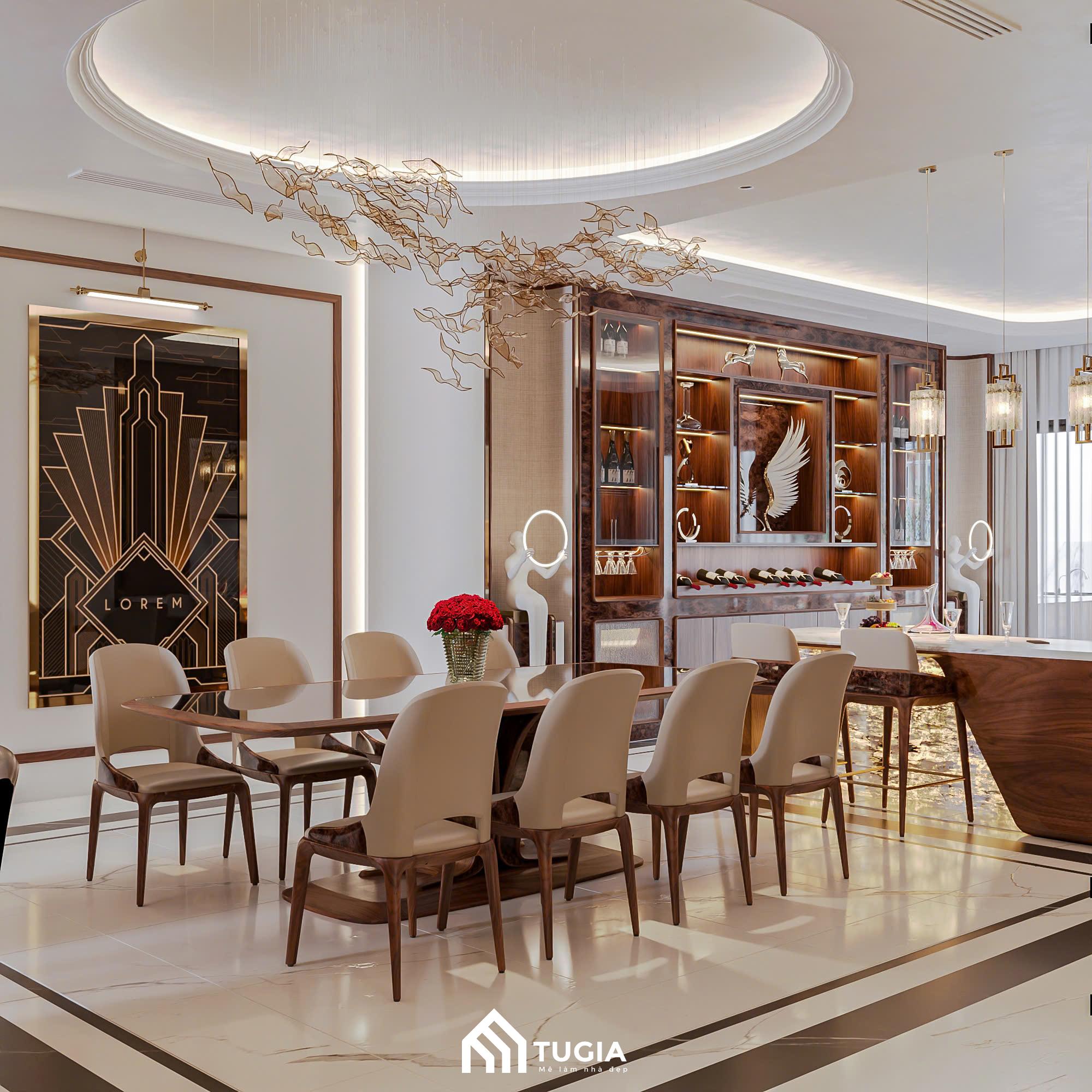 Mảng tường lớn được ốp panel trang trí Art Deco, với các đường nét hình học thẳng và viền kim loại vàng bóng, có ánh sáng hắt tạo chiều sâu và tập trung thị giác vào trung tâm