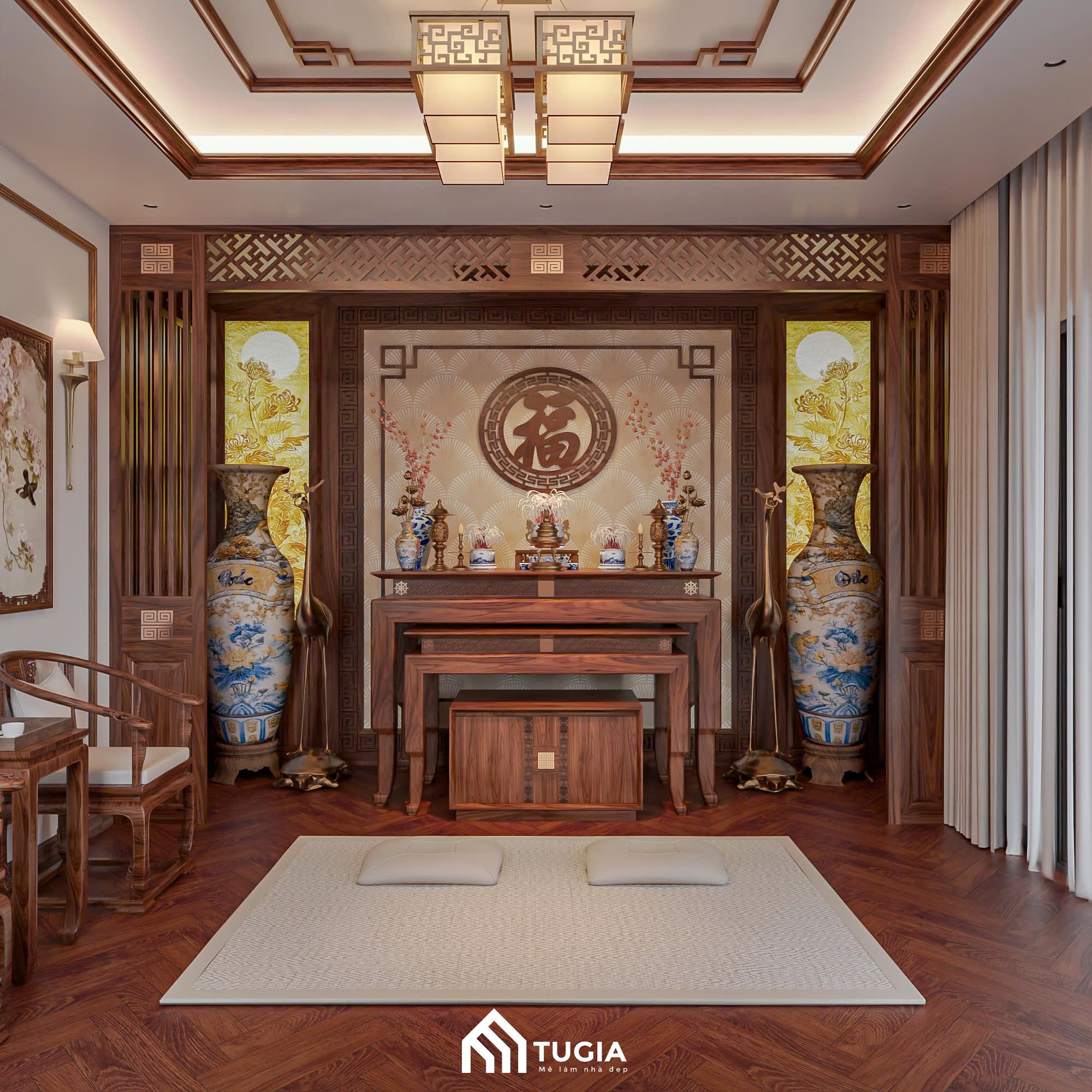 Không gian phòng thờ được Nội thất Tứ Gia thiết kế để tạo sự tĩnh tại, trang nghiêm và ấm cúng