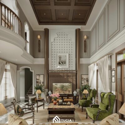 Nội thất Tứ Gia thiết kế nội thất biệt thự thông tầng 350m2 theo phong cách Indochine cho Anh Linh
