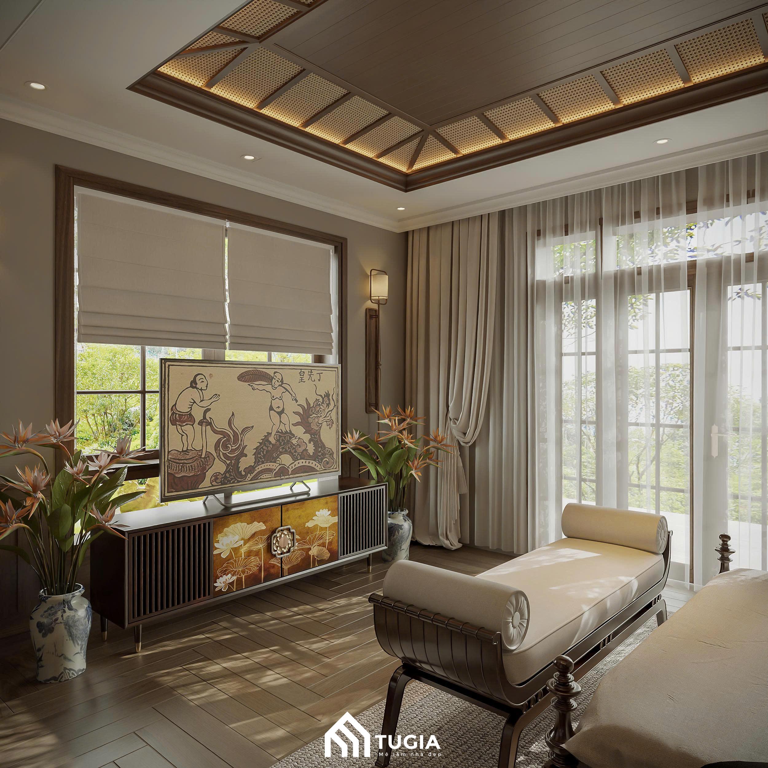 Phần cánh tủ ở giữa được trang trí bằng các hoạ tiết Á Đông với tông màu vàng/cam trên nền gỗ, tạo sự đối lập sang trọng