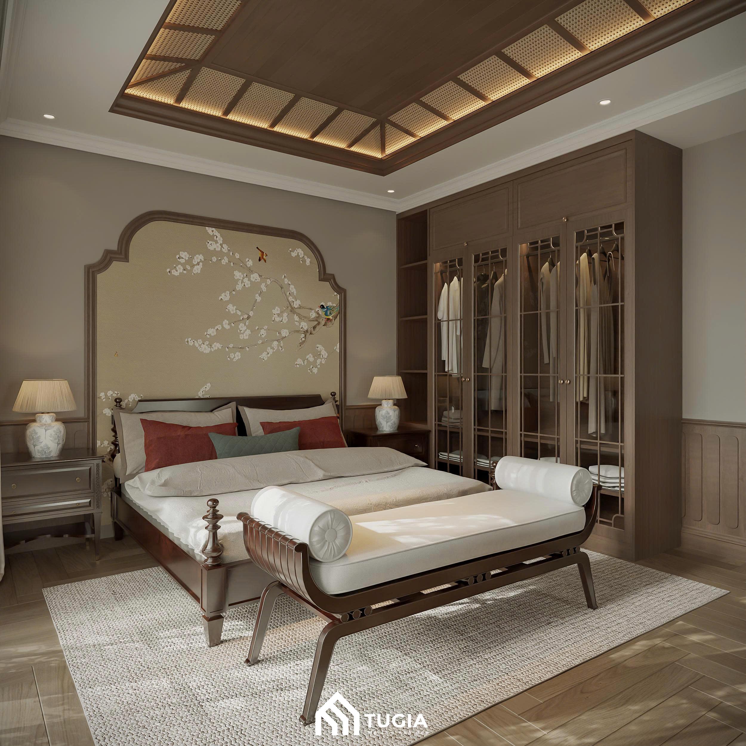 Chất liệu gỗ tự nhiên được sử dụng xuyên suốt trong không gian từ tủ quần áo, sàn nhà, giường ngủ cho đến tab đầu giường hay bàn trang điểm,...