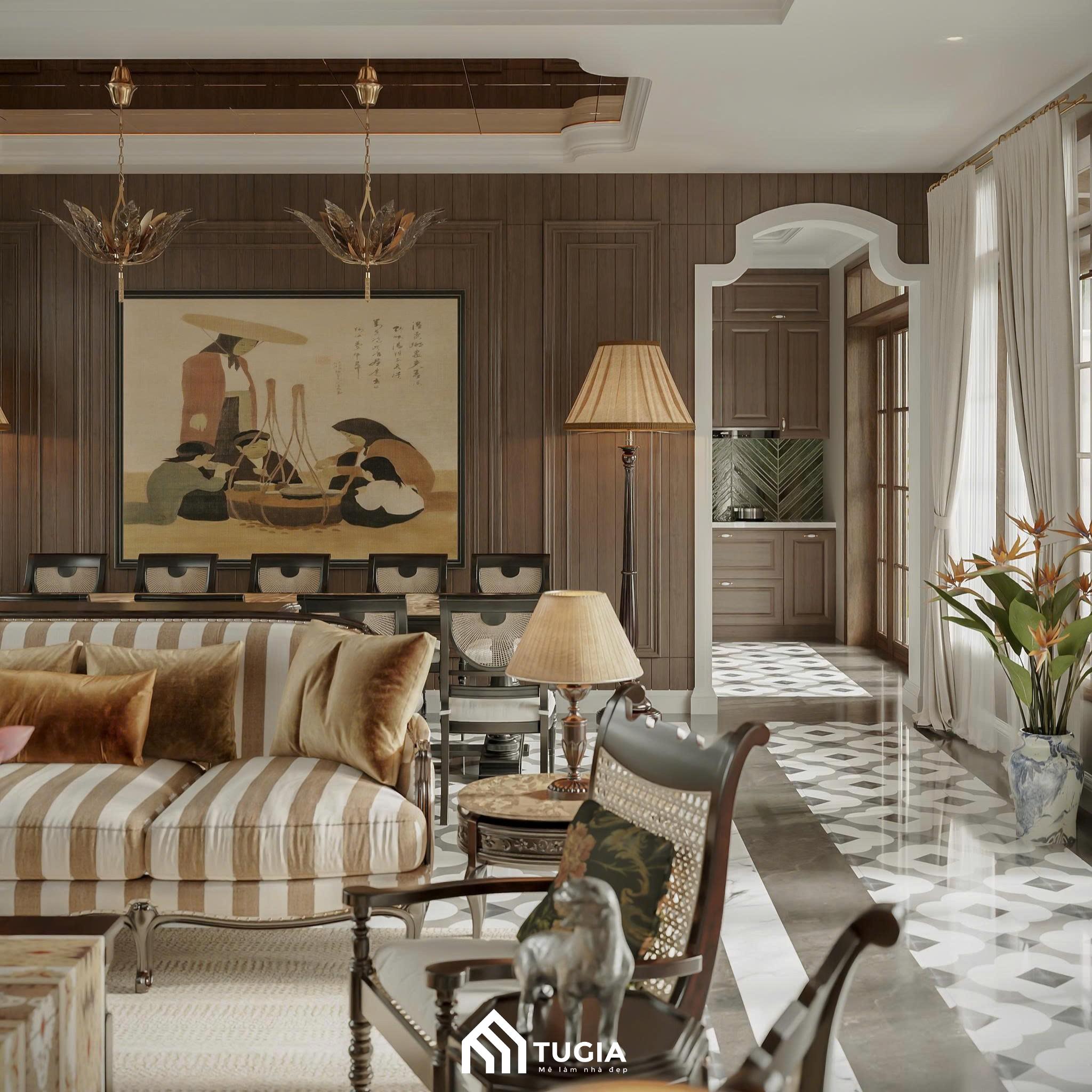 Những vật phẩm trang trí đậm nét văn hóa Đông Dương như bức tranh được sử dụng để làm điểm nhấn cho toàn bộ không gian