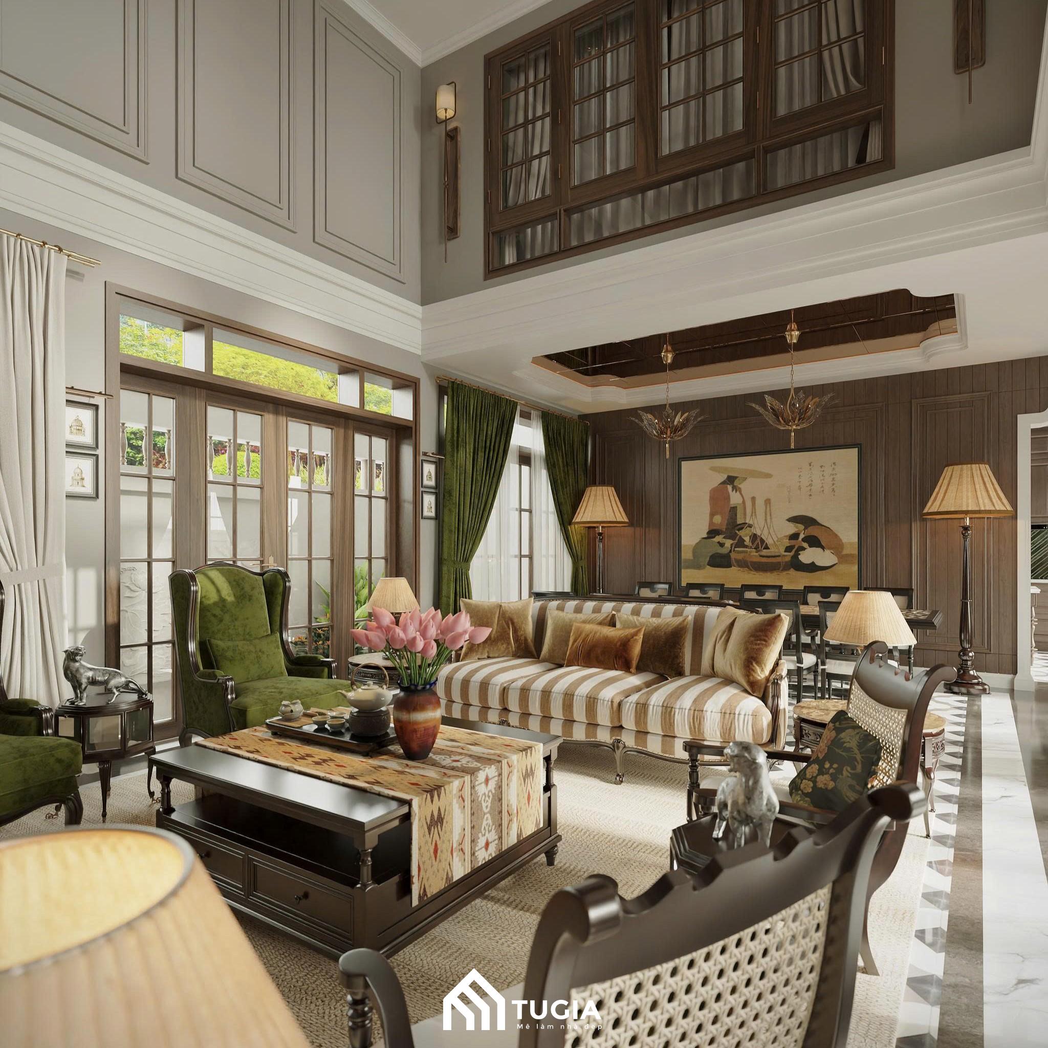 Từng chi tiết nội thất như bộ sofa, bàn trà, đèn trang trí đều được lựa chọn kỹ lưỡng, tôn lên nét thanh lịch của gia chủ