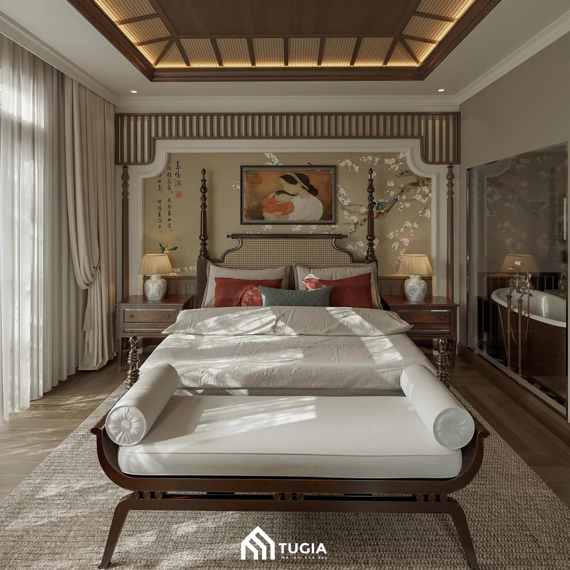 Phòng ngủ master của vợ chồng Anh Linh được thiết kế phong cách Đông Dương với gam màu đen - nâu trầm làm chủ đạo, mang đến cảm giác quyền quý và tĩnh lặng