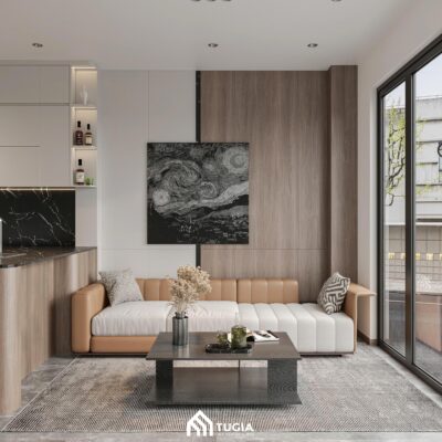 Bộ sofa dáng thẳng kết hợp tone be - nâu tạo cảm giác ấm và nhẹ, giúp không gian trở nên mềm mại và dễ chịu hơn.