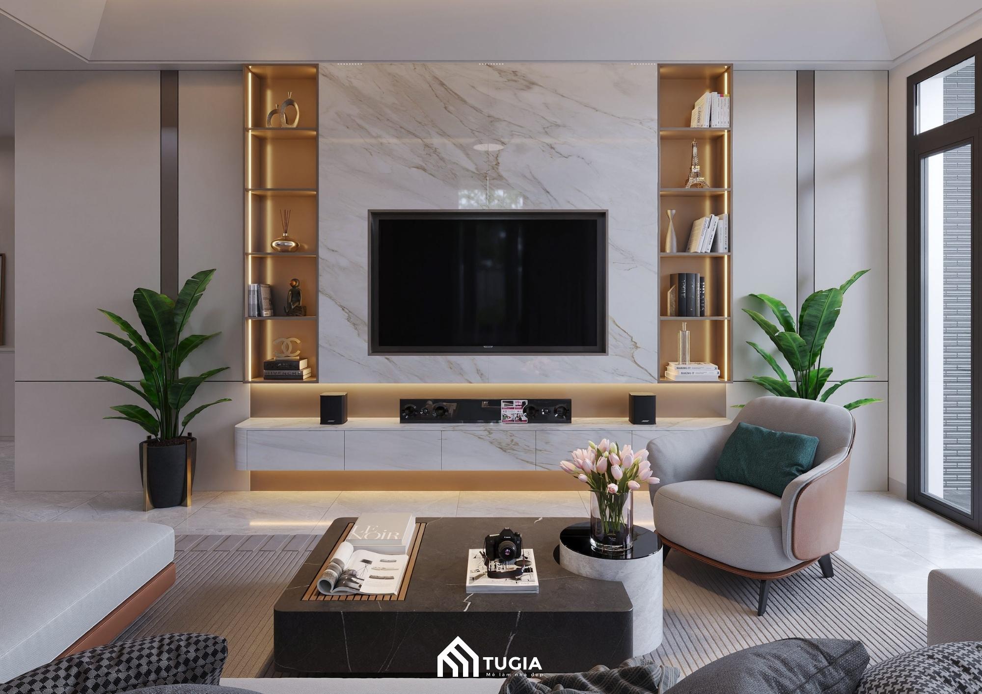 Nội thất cao cấp với bộ sofa nỉ cùng ghế bành da cùng bàn trà thấp mặt đá marble