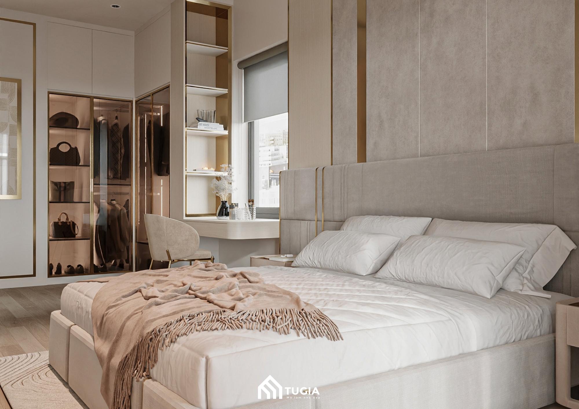 Bố trí tủ quần áo kết hợp bàn trang điểm hay bàn làm việc nhỏ gọn mà tối ưu diện tích