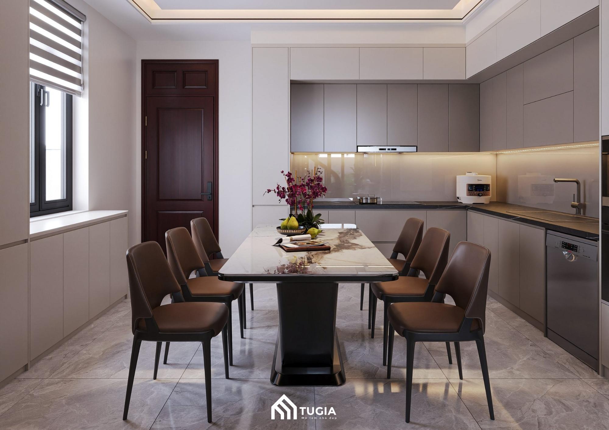 Phòng bếp được các kiến trúc sư của Nội thất Tứ Gia được bố trí theo dạng chữ L cực tiên nghi