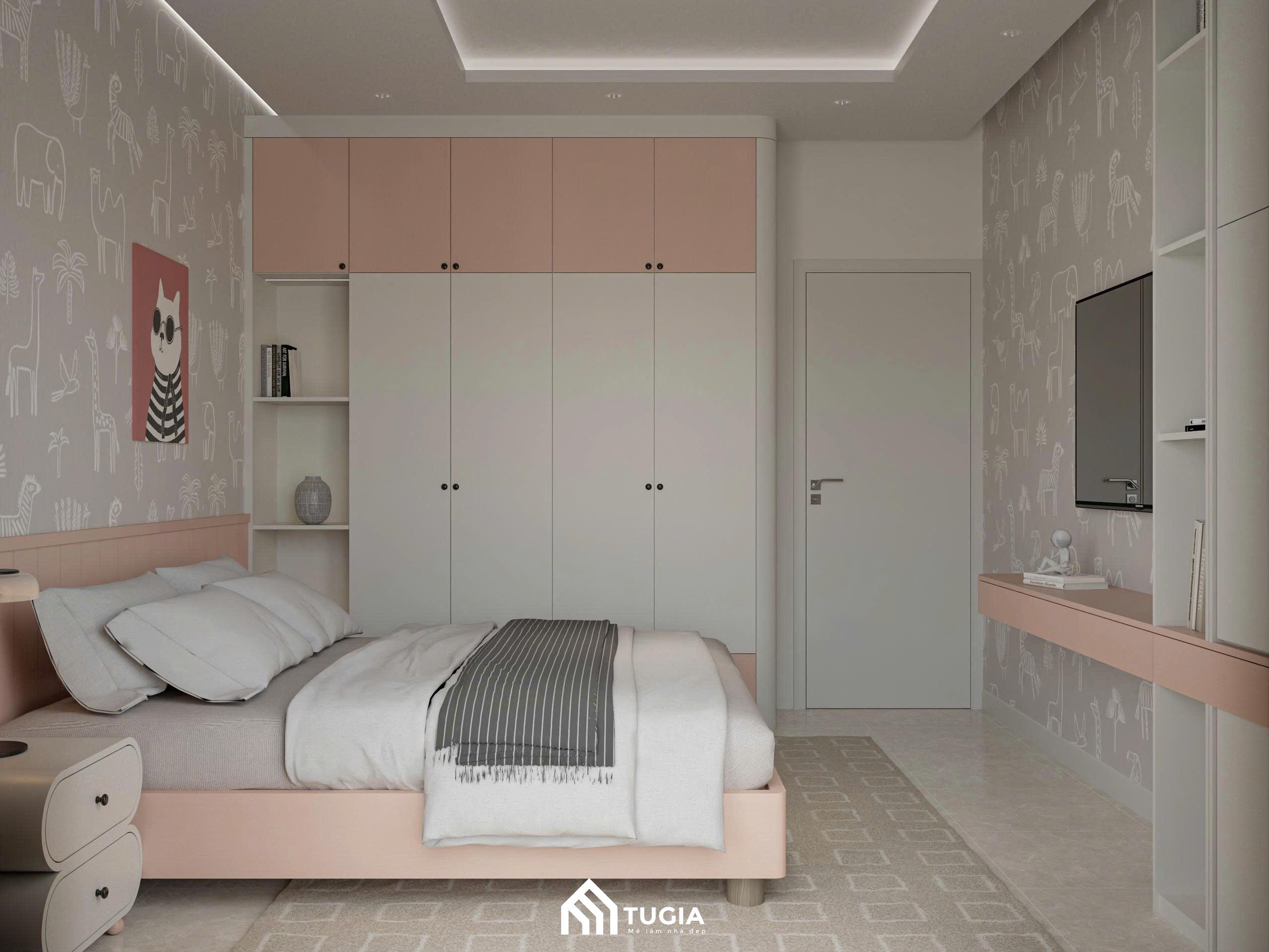 Căn phòng được trang trí nổi bật với bộ giấy dán tường họa tiết động vật độc đáo và dễ thương