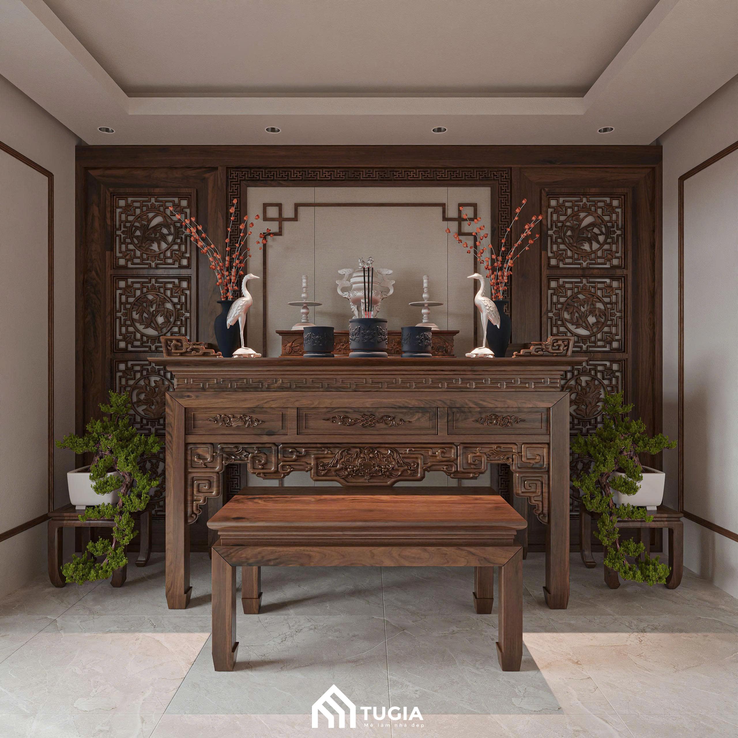 Khu vực phòng thờ trang nghiêm được đặt trên tầng 4 được thiết kế đậm văn hóa Việt