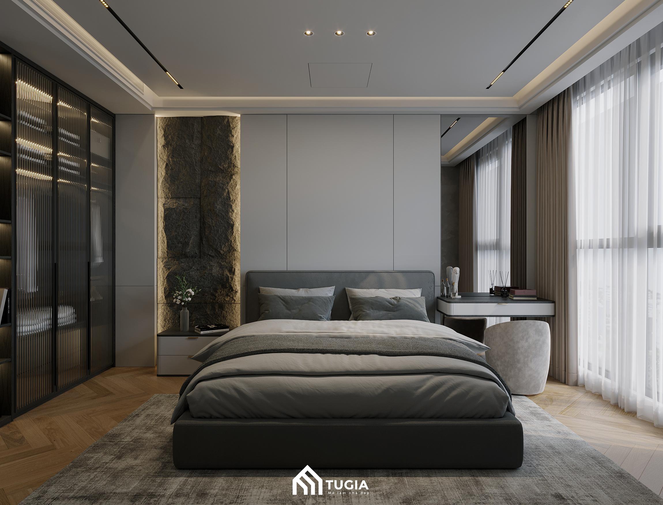 Thiết kế nội thất phòng ngủ master màu xám hiện đại do Nội thất Tứ Gia thiết kế