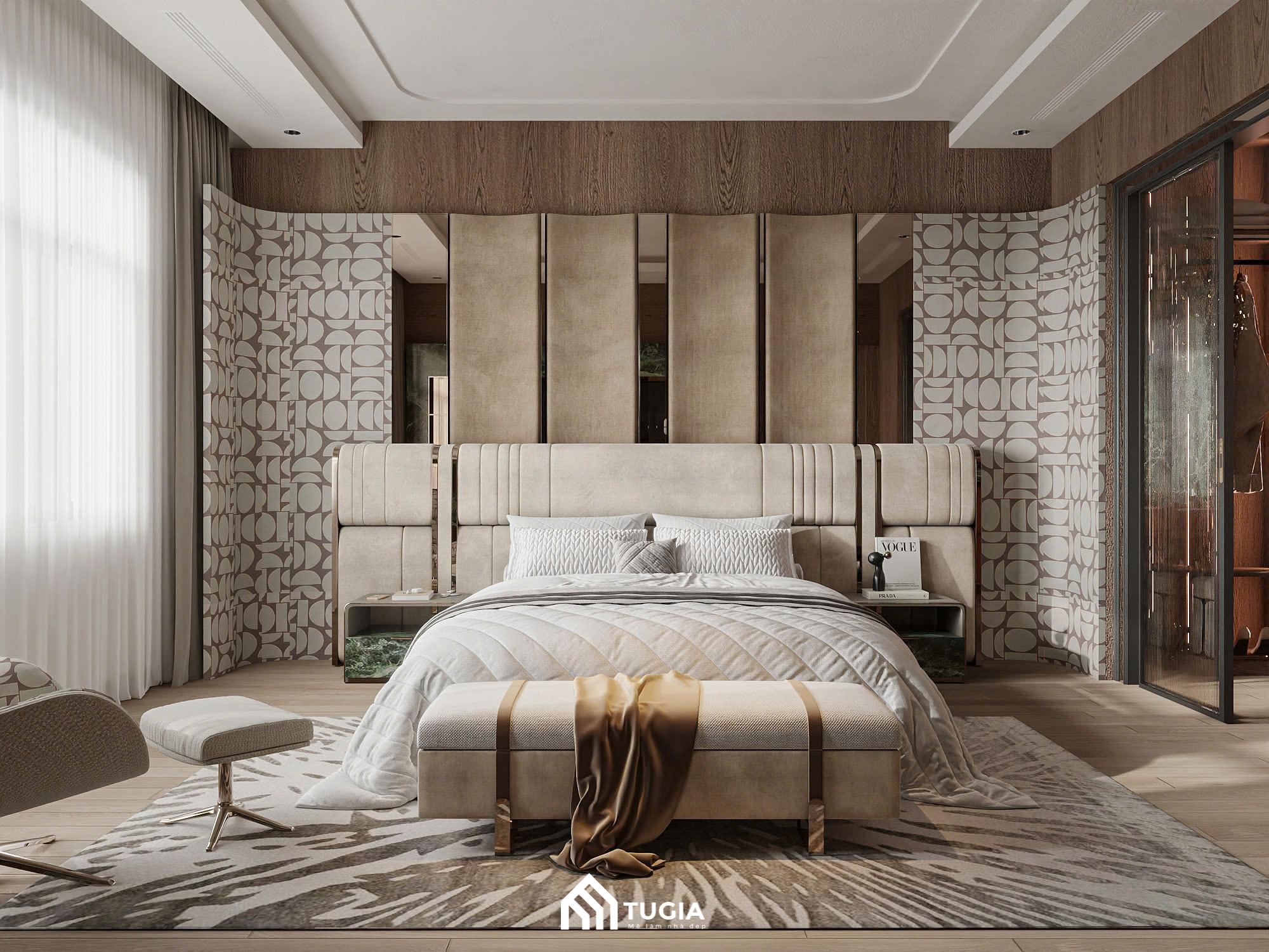 Mẫu phòng ngủ master chung cư được thiết kế theo phong các luxury sang trọng với bảng màu trung tính