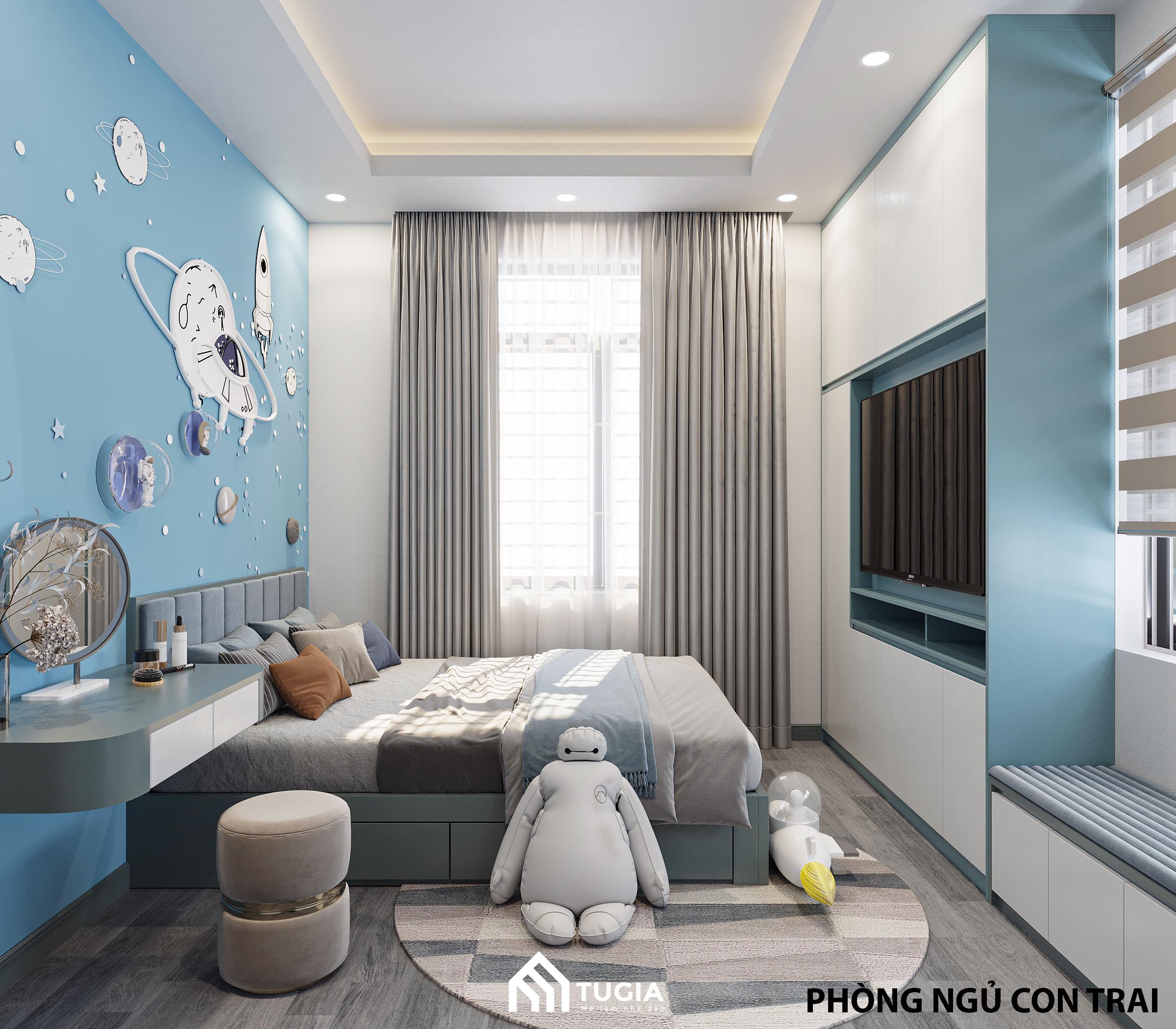 Với thiết kế phòng ngủ màu xanh dương cho bé trai sẽ giúp bé có không gian tươi sáng, kích thích sự hoạt bát và năng động của trẻ